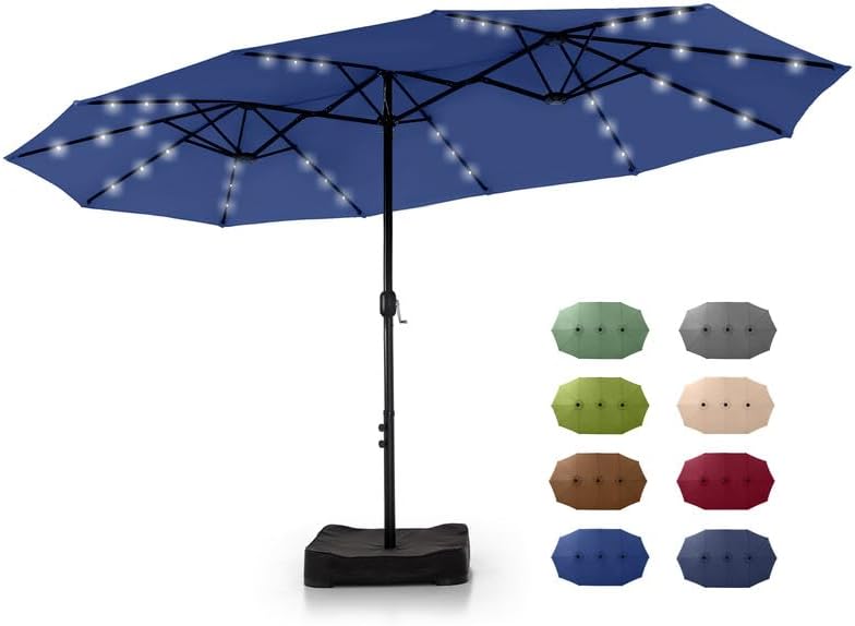 GREEN PARTY 15 ft Rectangle Patio Umbrella with Solar Lights and Base Included, Double-Sided Market Table Umbrella with Crank, Large Outdoor Umbrellas for Patio Poolside Garden Backyard, Navy Blue