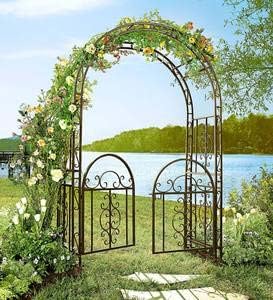 Plow & Hearth Arch Metal Outdoor Garden Arbor Double Gate | Montebello | 7 Feet Tall | Gunmetal Black | Trellis Lattice Climbing Plants