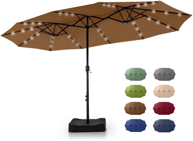 GREEN PARTY 15 ft Rectangle Patio Umbrella with Solar Lights and Base Included, Double-Sided Market Table Umbrella with Crank, Large Outdoor Umbrellas for Patio Poolside Garden Backyard, Navy Blue