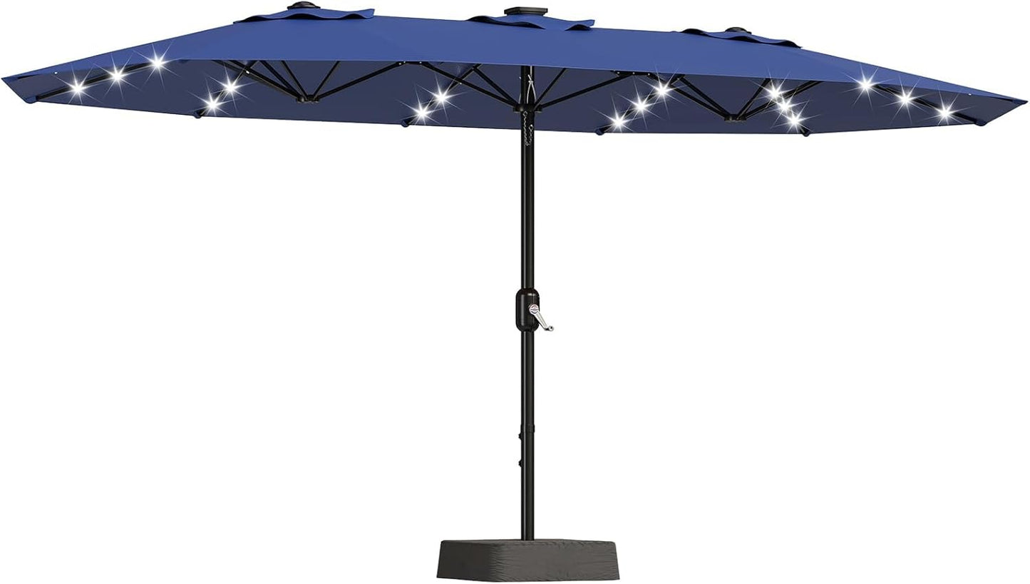 15FT Rectangular Patio Umbrella With Solar Lights & Base Included - Large Patio Umbrella With Crank Handle, UV Protection for Outdoor Market, Lawn, Backyard, Pool