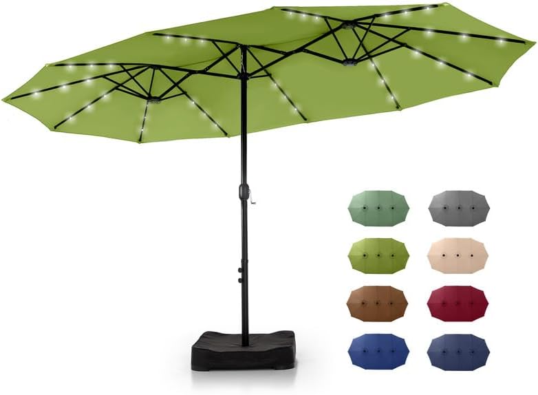 GREEN PARTY 15 ft Rectangle Patio Umbrella with Solar Lights and Base Included, Double-Sided Market Table Umbrella with Crank, Large Outdoor Umbrellas for Patio Poolside Garden Backyard, Navy Blue