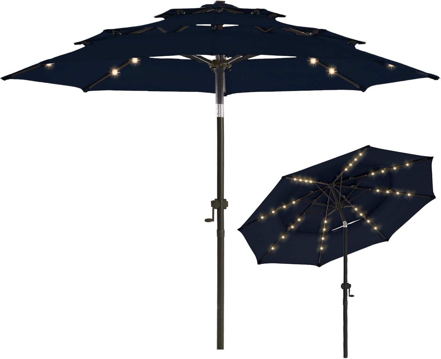 wikiwiki 9FT 3Tiers Solar LED Patio Umbrella with Base, Sturdy Outdoor Market Umbrella with Tilt, Crank and 32 LEDs for Terraces, Pool and Garden, Beige