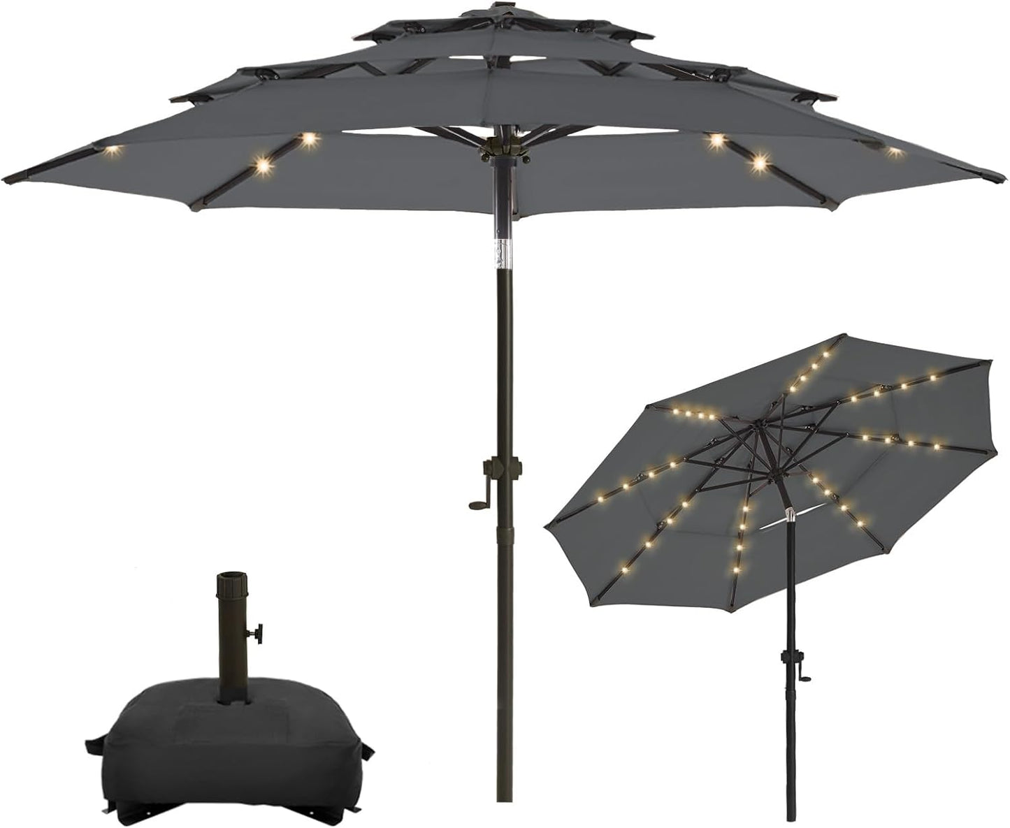 wikiwiki 9FT 3Tiers Solar LED Patio Umbrella with Base, Sturdy Outdoor Market Umbrella with Tilt, Crank and 32 LEDs for Terraces, Pool and Garden, Beige