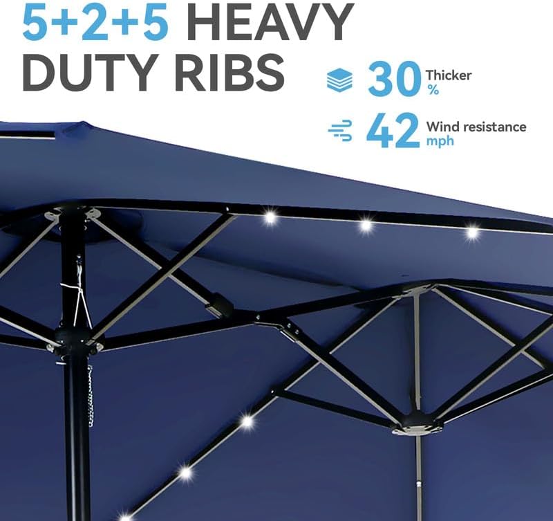 GREEN PARTY 15 ft Rectangle Patio Umbrella with Solar Lights and Base Included, Double-Sided Market Table Umbrella with Crank, Large Outdoor Umbrellas for Patio Poolside Garden Backyard, Navy Blue