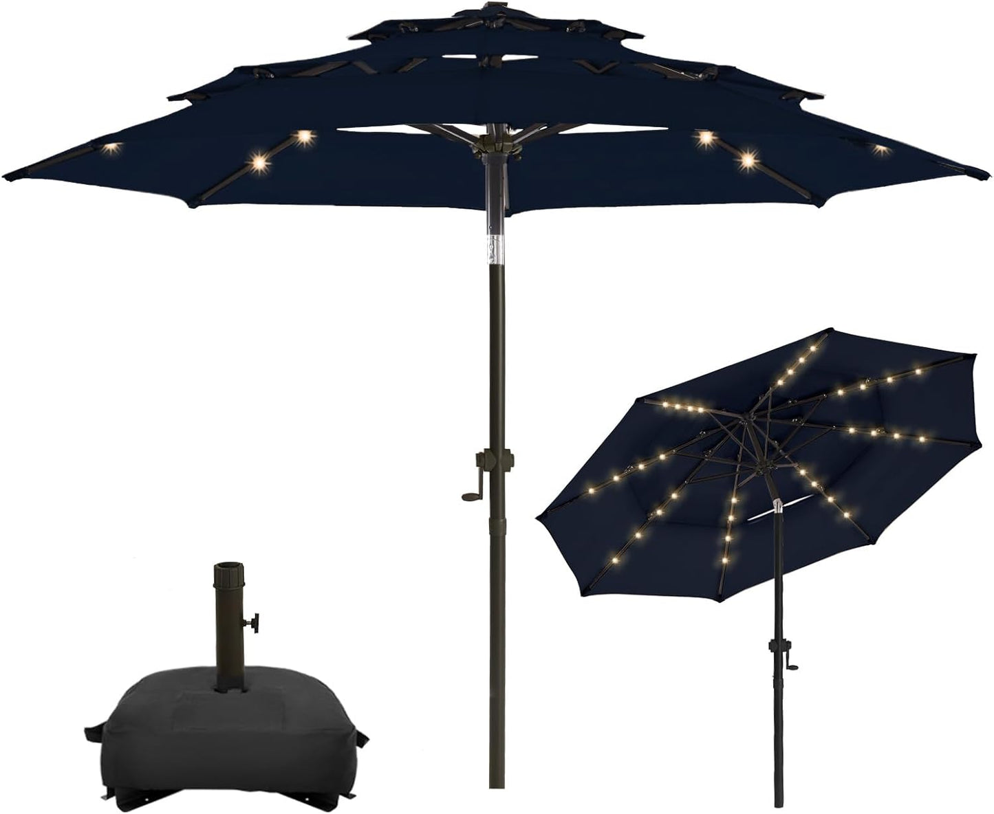 wikiwiki 10FT 3Tiers Solar LED Patio Umbrella with Base, Sturdy Outdoor Market Umbrella with Tilt, Crank and 32 LEDs for Terraces, Pool and Garden, Beige