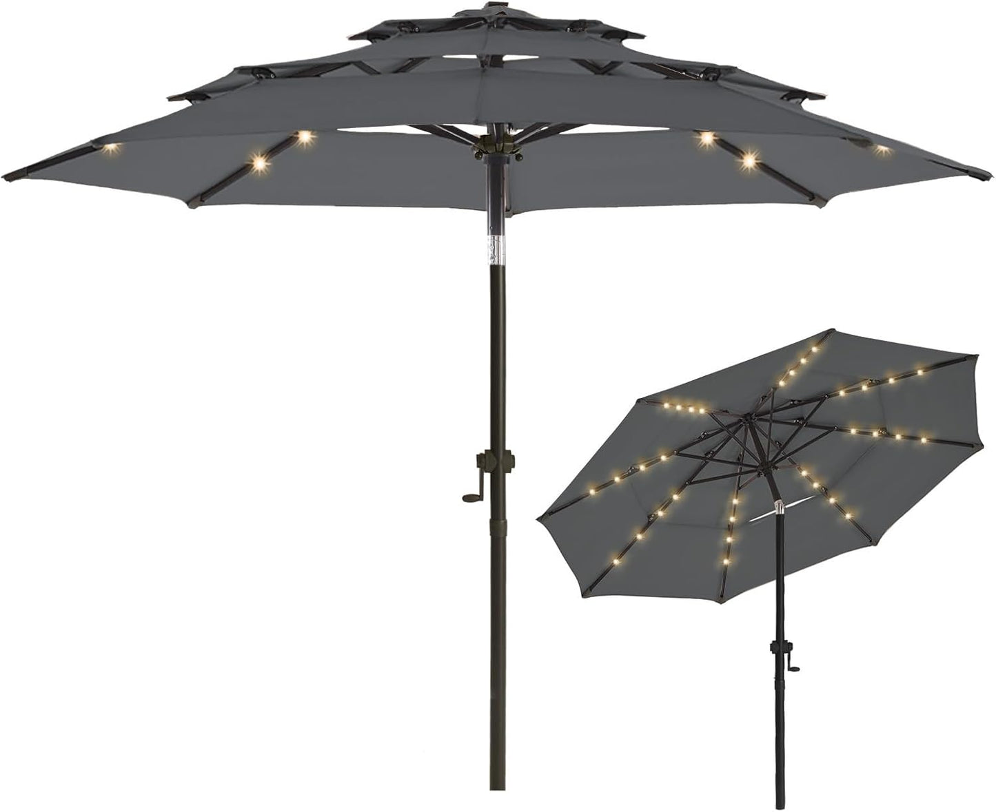 wikiwiki 9FT 3Tiers Solar LED Patio Umbrella with Base, Sturdy Outdoor Market Umbrella with Tilt, Crank and 32 LEDs for Terraces, Pool and Garden, Beige