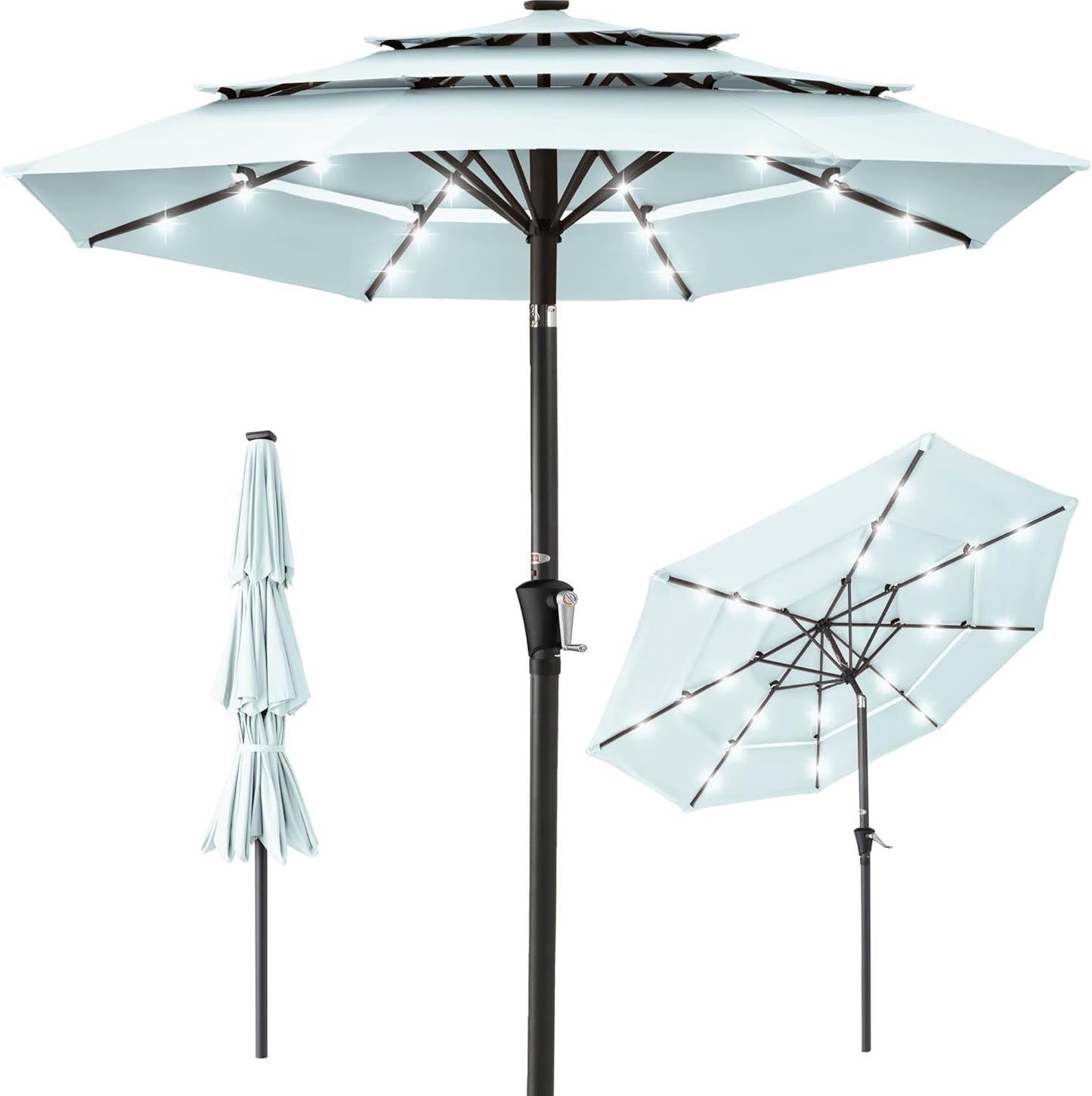 Best Choice Products 10ft 3-Tier Solar Patio Umbrella, Outdoor Market Sun Shade for Backyard, Deck, Poolside w/ 24 LED Lights, Tilt Adjustment, Easy Crank, 8 Ribs - Gray