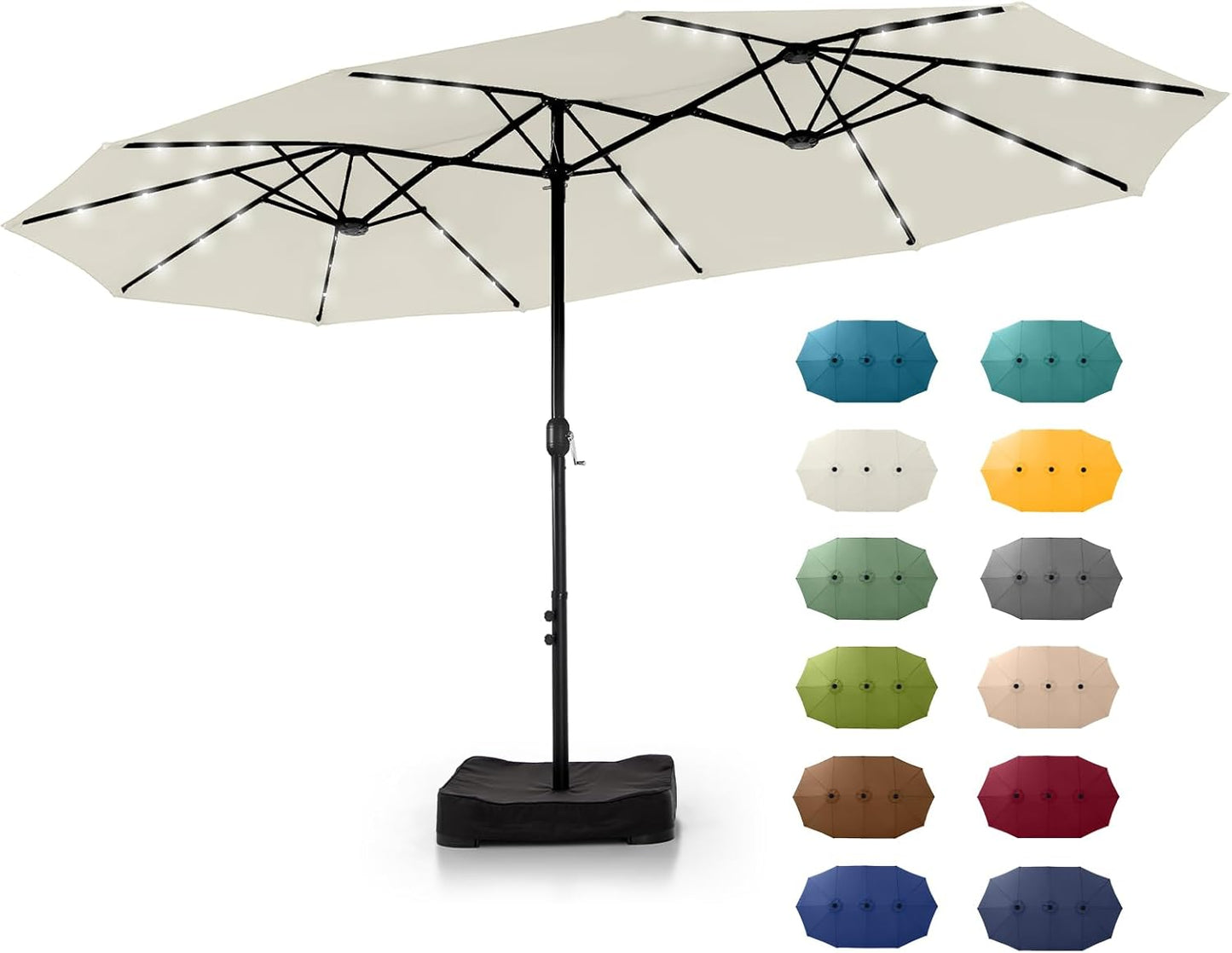 GREEN PARTY 15 ft Rectangle Patio Umbrella with Solar Lights and Base Included, Double-Sided Market Table Umbrella with Crank, Large Outdoor Umbrellas for Patio Poolside Garden Backyard, Navy Blue