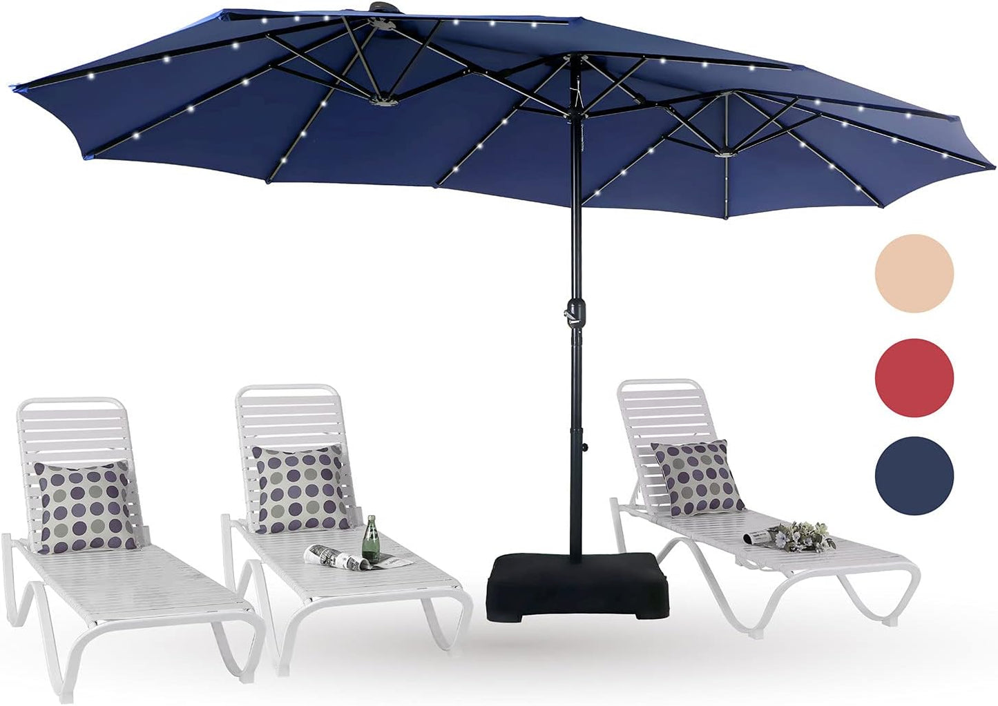 PHI VILLA 15ft Large Patio Umbrella with Base & Solar Lights, Double-Sided Outdoor Rectangle Umbrellas with 36 LED Lights, Umbrella for Outside with Stand, Beige