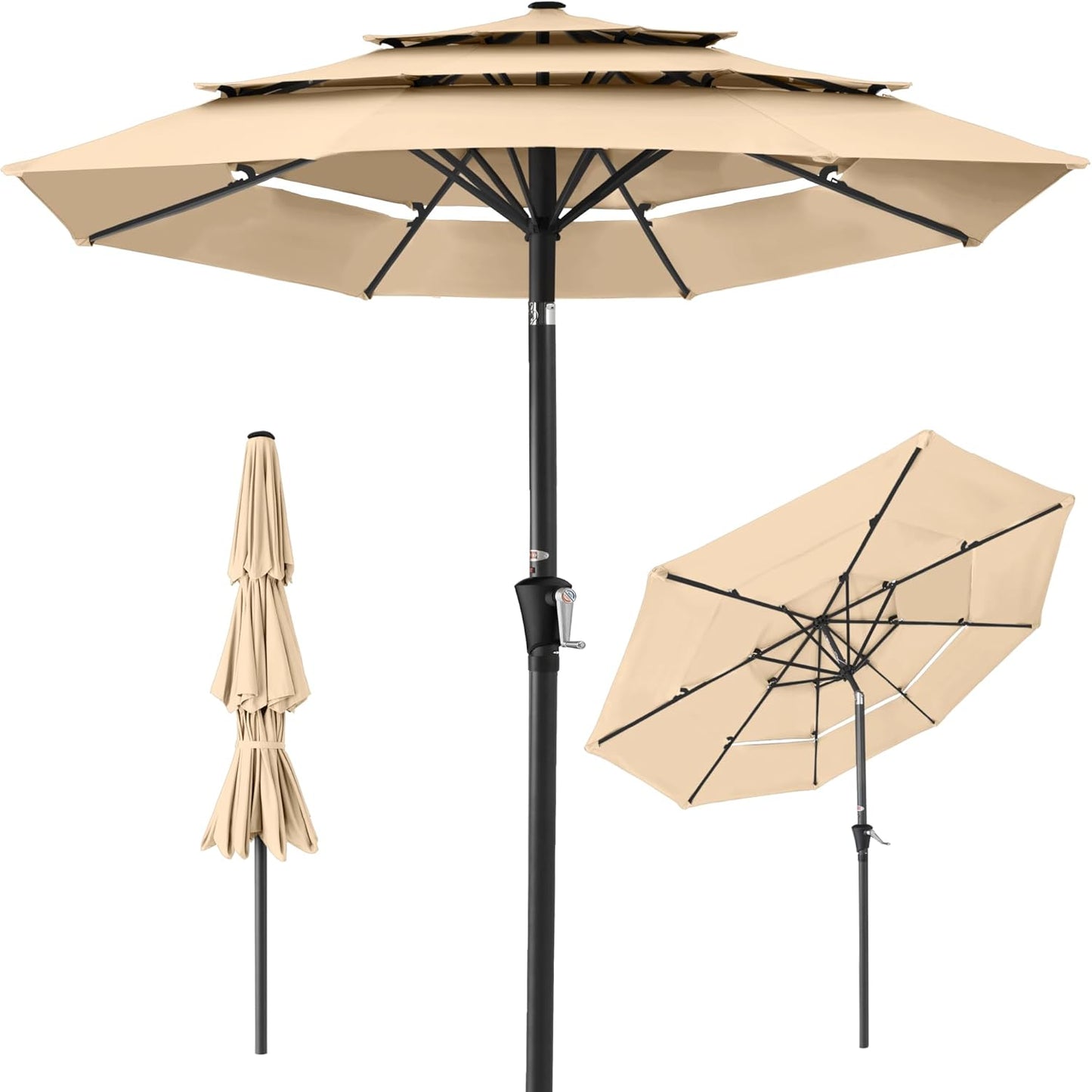 Best Choice Products 10ft 3-Tier Solar Patio Umbrella, Outdoor Market Sun Shade for Backyard, Deck, Poolside w/ 24 LED Lights, Tilt Adjustment, Easy Crank, 8 Ribs - Gray