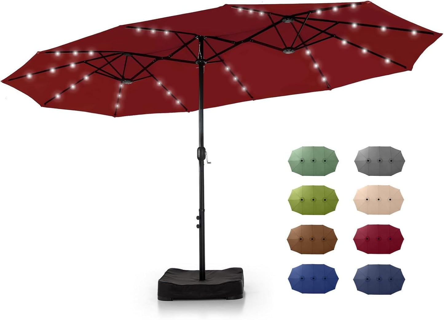 GREEN PARTY 15 ft Rectangle Patio Umbrella with Solar Lights and Base Included, Double-Sided Market Table Umbrella with Crank, Large Outdoor Umbrellas for Patio Poolside Garden Backyard, Navy Blue