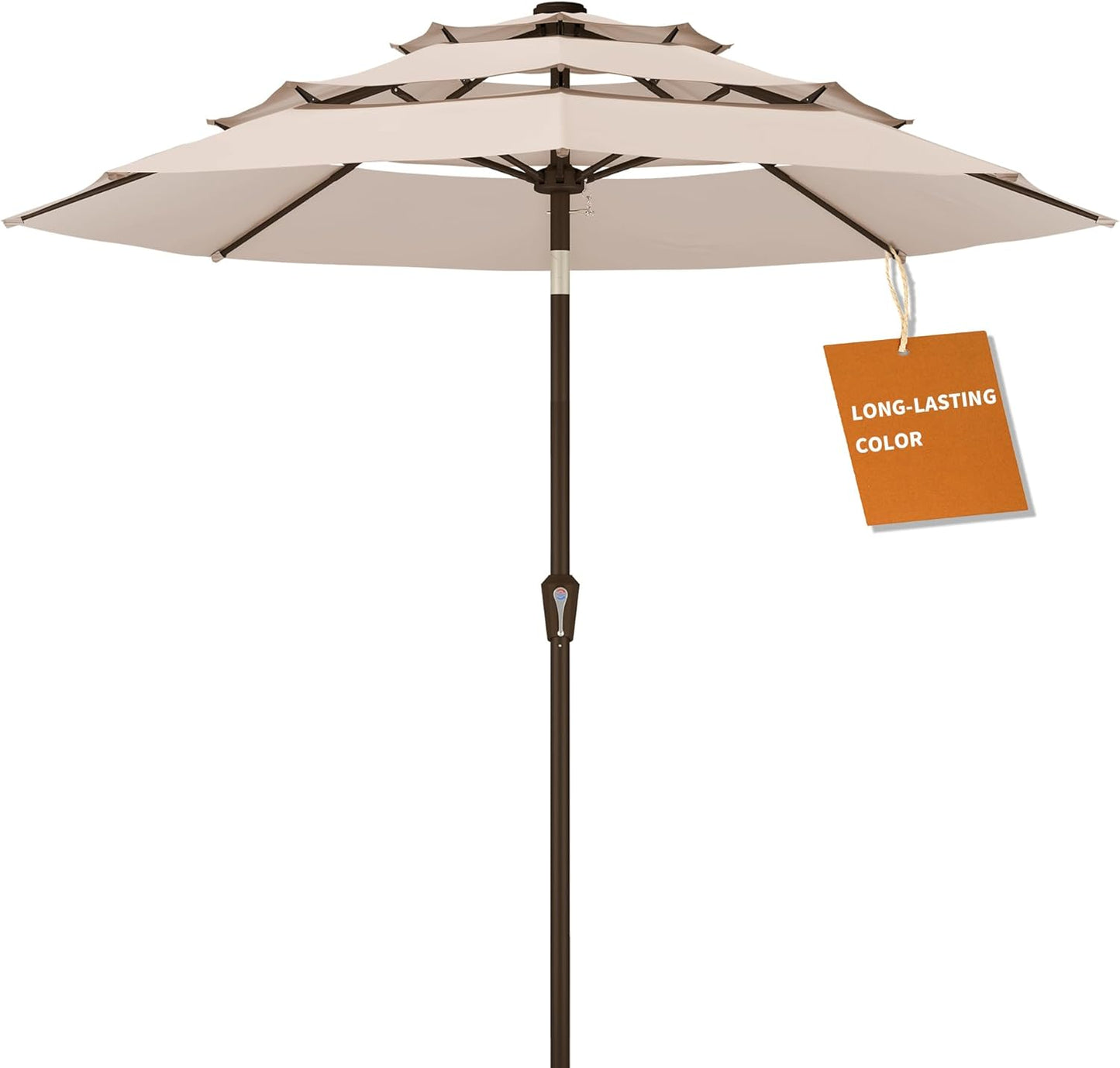 Kingdura 10ft 3-Tier Patio Umbrella with Solar Lights, Table Umbrella Outdoor Patio with Easy Crank & Tilt, 8 Sturdy Ribs, UV Protection, 32 LED Lights for Deck, Poolside, Market (Beige)