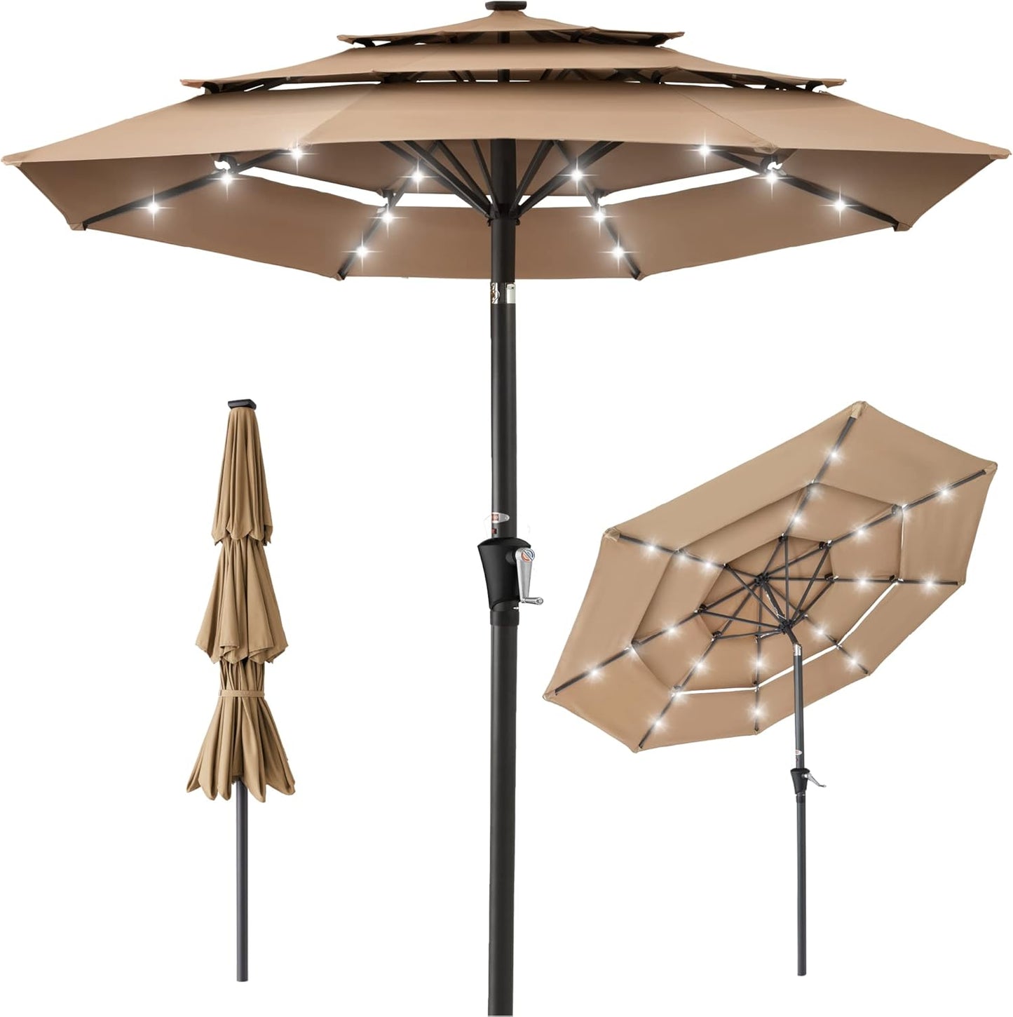 Best Choice Products 10ft 3-Tier Solar Patio Umbrella, Outdoor Market Sun Shade for Backyard, Deck, Poolside w/ 24 LED Lights, Tilt Adjustment, Easy Crank, 8 Ribs - Gray