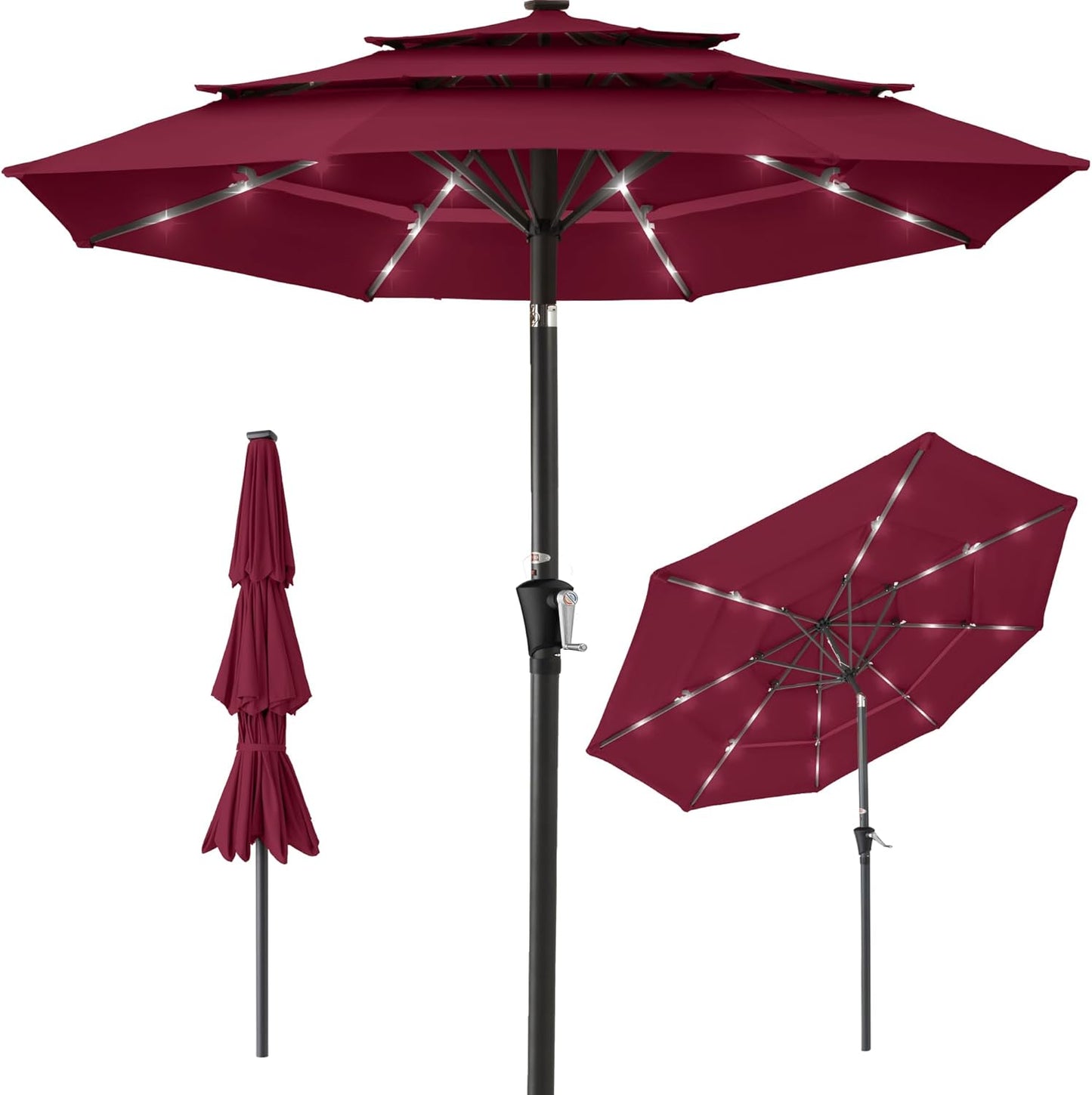Best Choice Products 10ft 3-Tier Solar Patio Umbrella, Outdoor Market Sun Shade for Backyard, Deck, Poolside w/ 24 LED Lights, Tilt Adjustment, Easy Crank, 8 Ribs - Gray