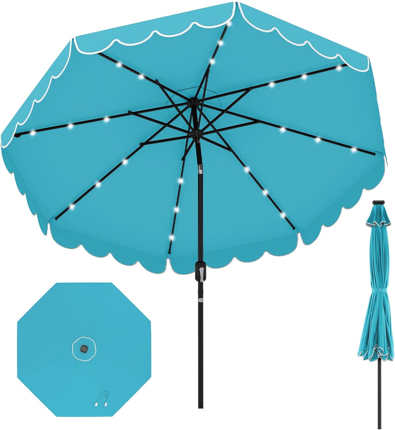 HAPPYGRILL 9 FT Patio Umbrella Outdoor Market Sunshade w/Solar LED Lights, Ruffles, Vented Top, Tilt Adjustment & Built-in Crank, Parasol Canopy for Backyard Poolside Deck Beach Lawn