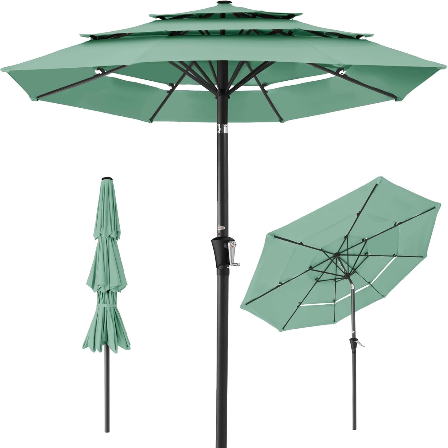 Best Choice Products 10ft 3-Tier Solar Patio Umbrella, Outdoor Market Sun Shade for Backyard, Deck, Poolside w/ 24 LED Lights, Tilt Adjustment, Easy Crank, 8 Ribs - Gray
