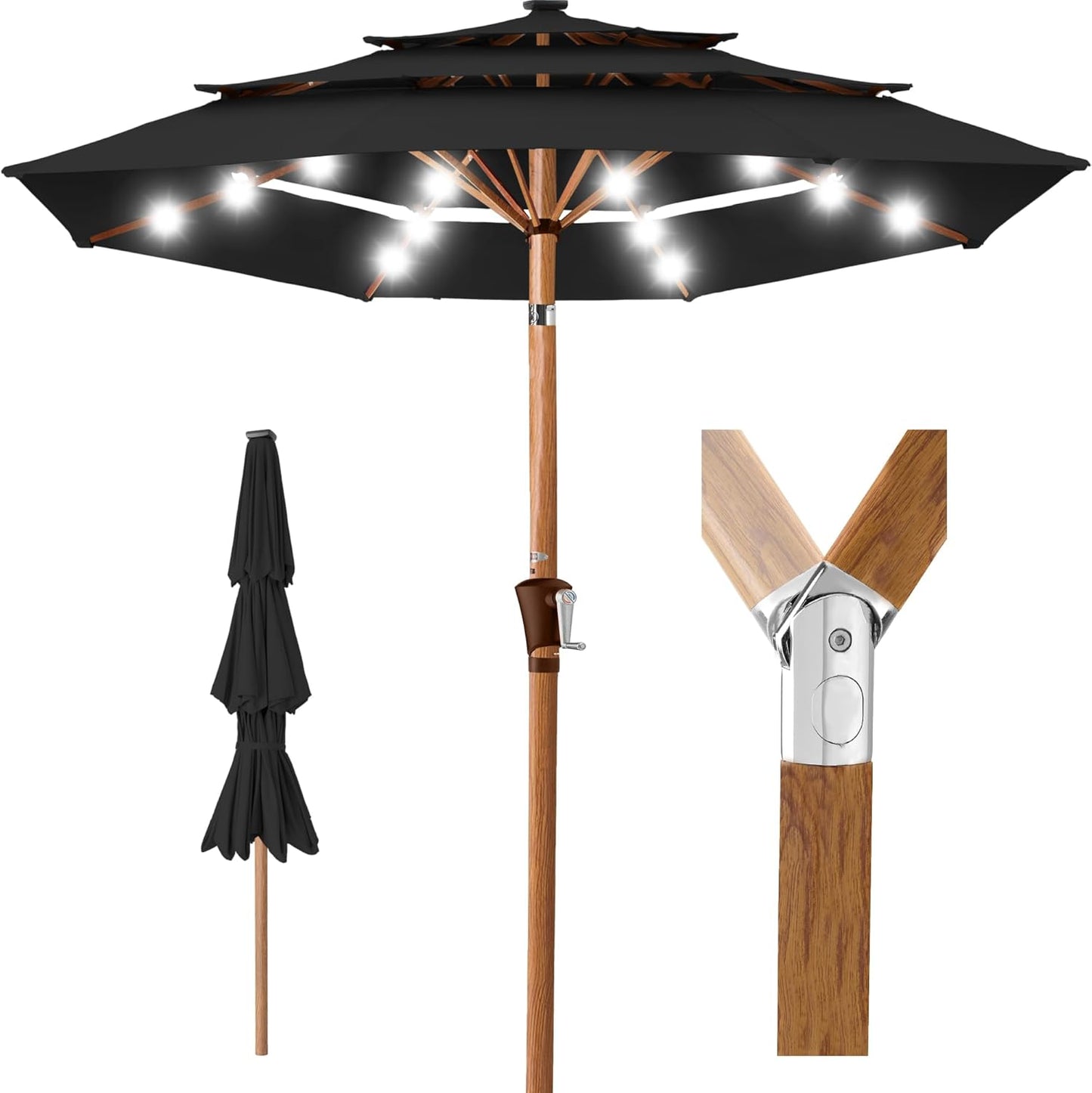 Best Choice Products 10ft 3-Tier Solar Patio Umbrella, Outdoor Market Sun Shade for Backyard, Deck, Poolside w/ 24 LED Lights, Tilt Adjustment, Easy Crank, 8 Ribs - Gray