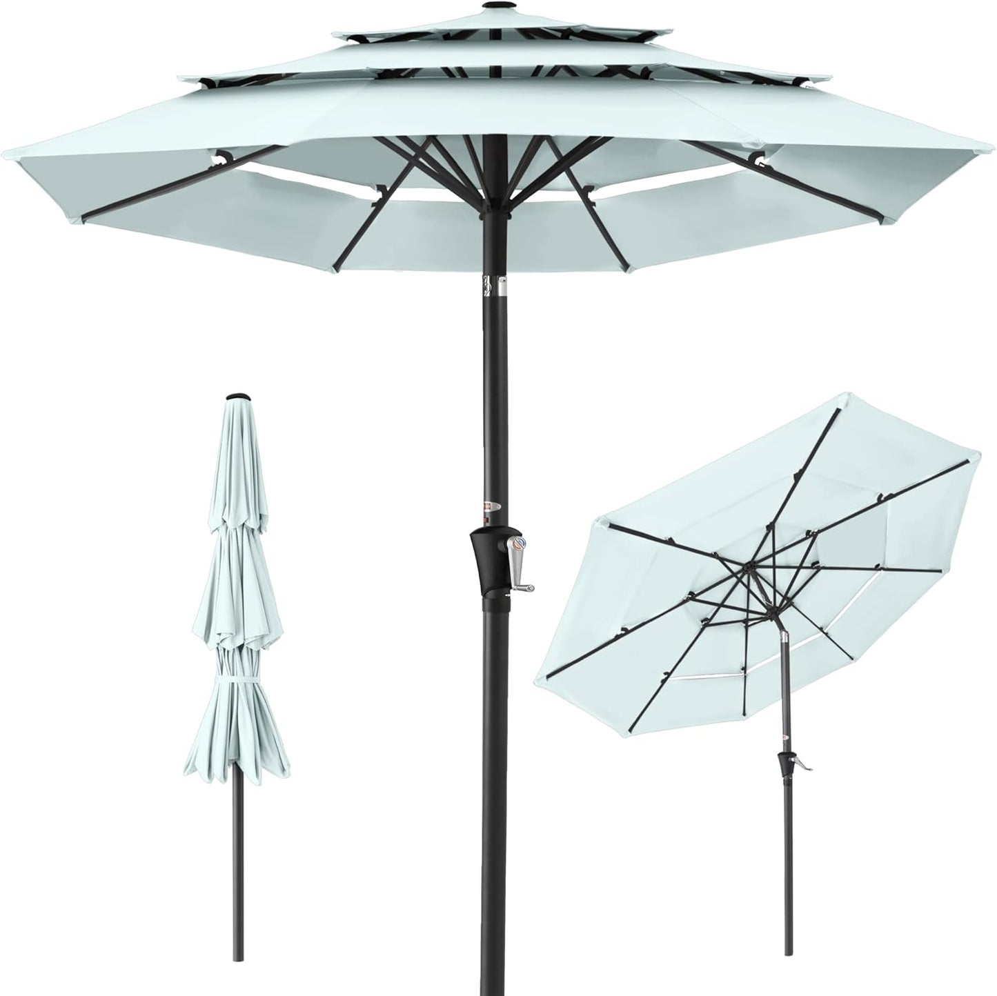 Best Choice Products 10ft 3-Tier Solar Patio Umbrella, Outdoor Market Sun Shade for Backyard, Deck, Poolside w/ 24 LED Lights, Tilt Adjustment, Easy Crank, 8 Ribs - Gray