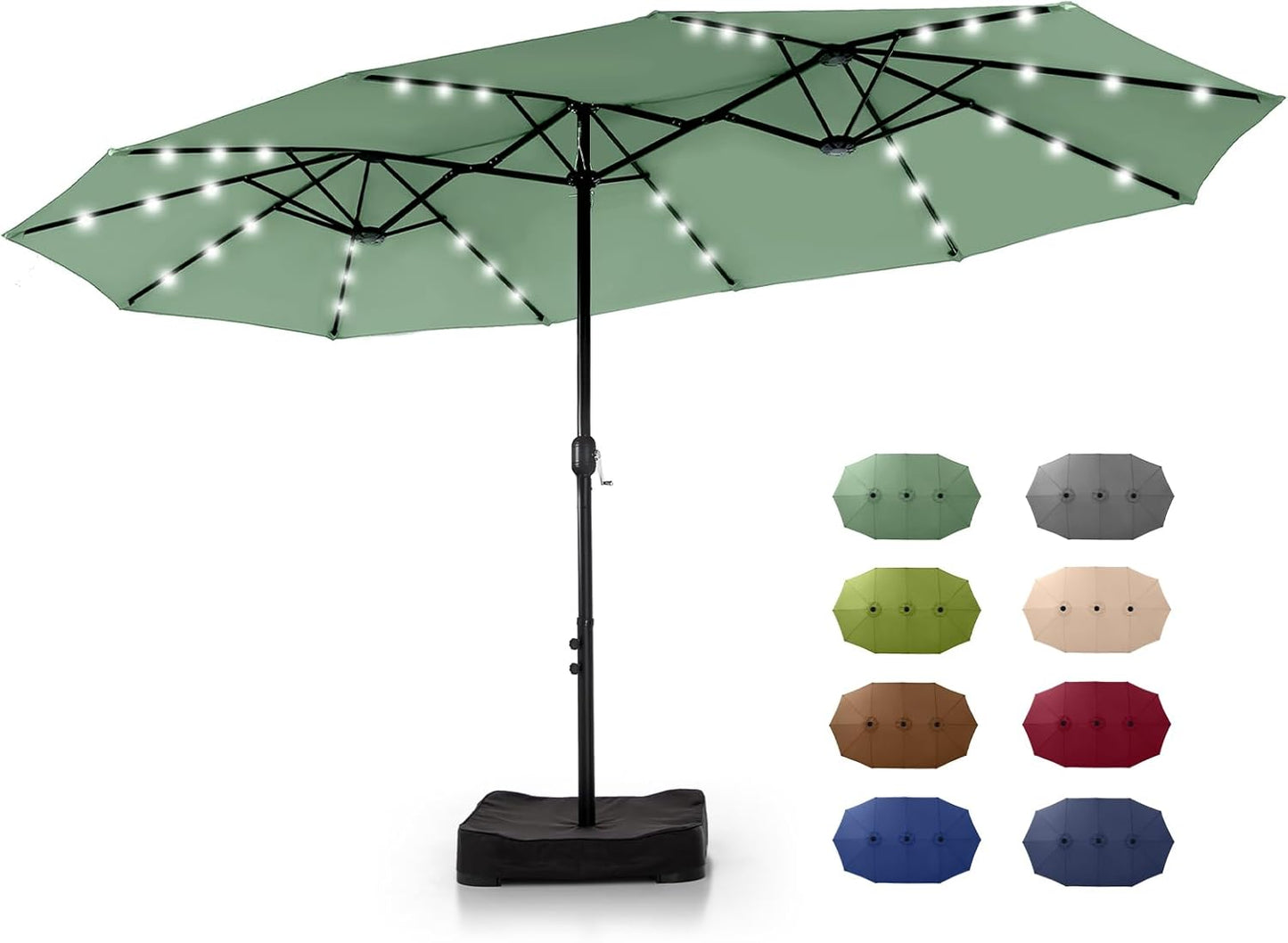 GREEN PARTY 15 ft Rectangle Patio Umbrella with Solar Lights and Base Included, Double-Sided Market Table Umbrella with Crank, Large Outdoor Umbrellas for Patio Poolside Garden Backyard, Navy Blue