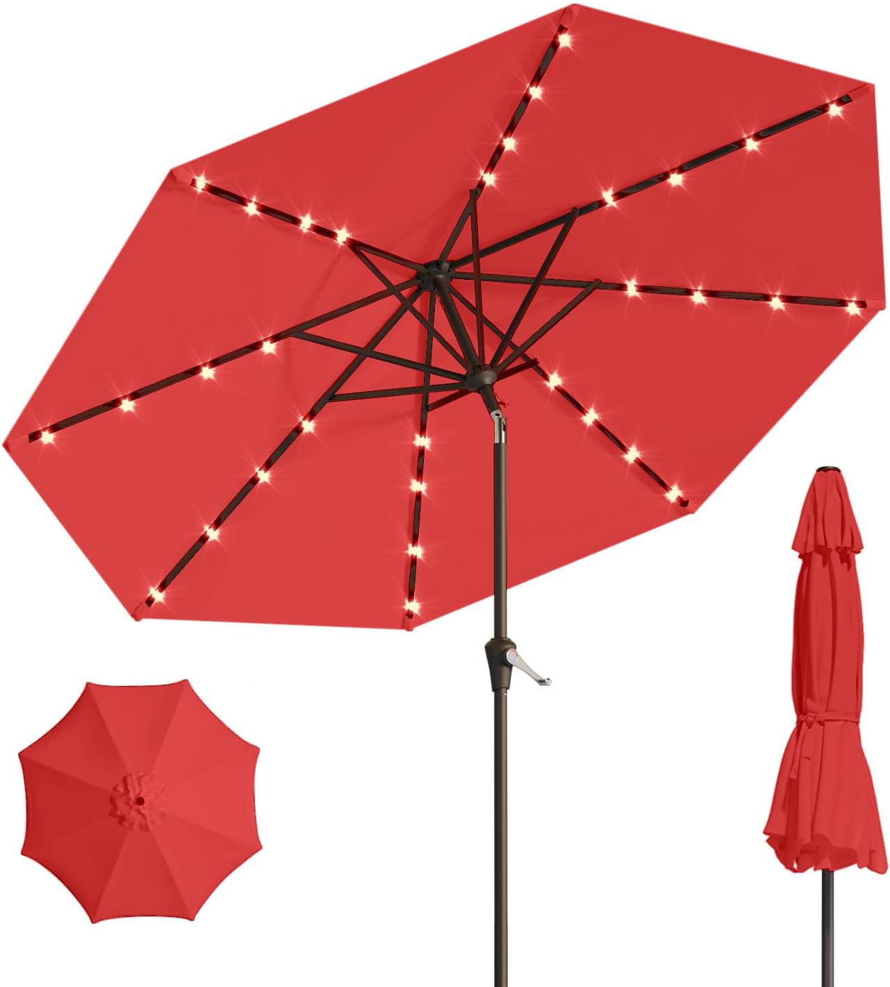 10FT Solar Umbrella 32 LED Lighted Patio Umbrella Table Market Umbrella w/Tilt and Crank, UV-Resistant Outdoor Umbrella for Pool, Garden, Deck, Beige