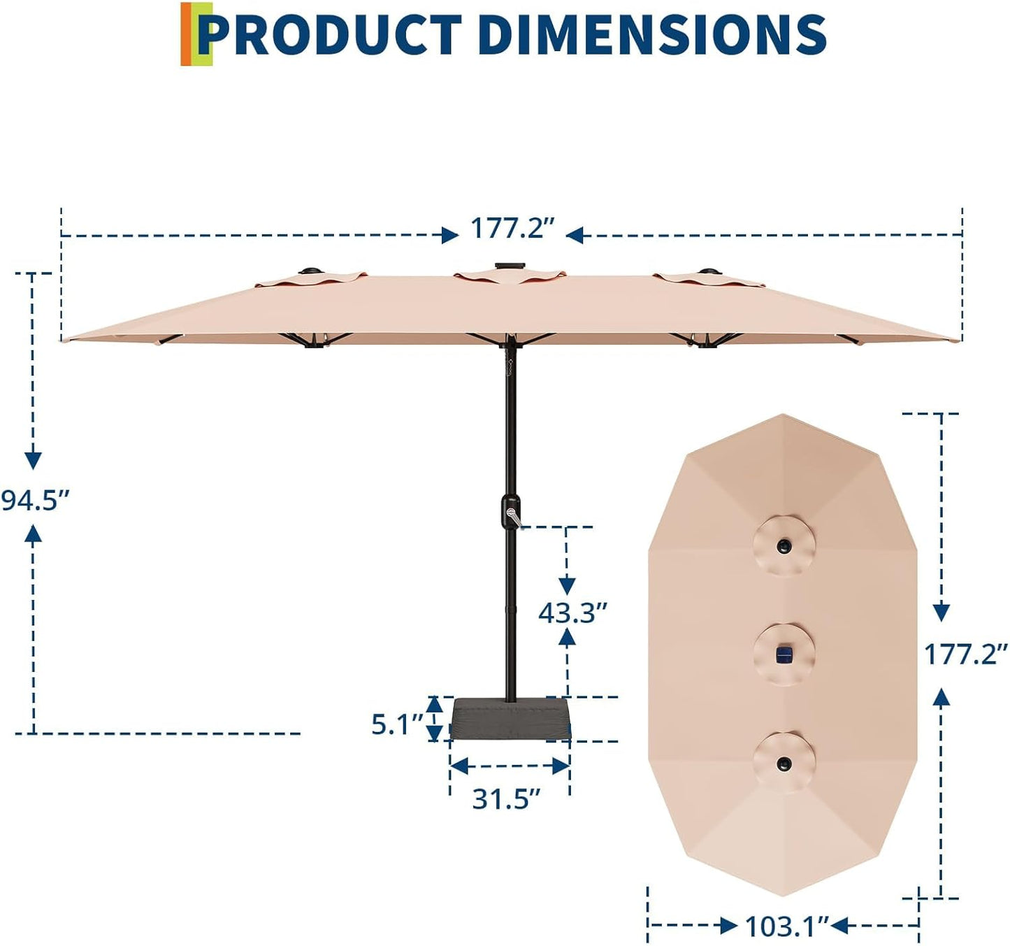 15FT Rectangular Patio Umbrella With Solar Lights & Base Included - Large Patio Umbrella With Crank Handle, UV Protection for Outdoor Market, Lawn, Backyard, Pool
