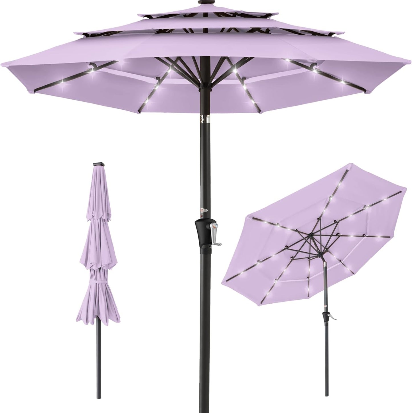 Best Choice Products 10ft 3-Tier Solar Patio Umbrella, Outdoor Market Sun Shade for Backyard, Deck, Poolside w/ 24 LED Lights, Tilt Adjustment, Easy Crank, 8 Ribs - Gray