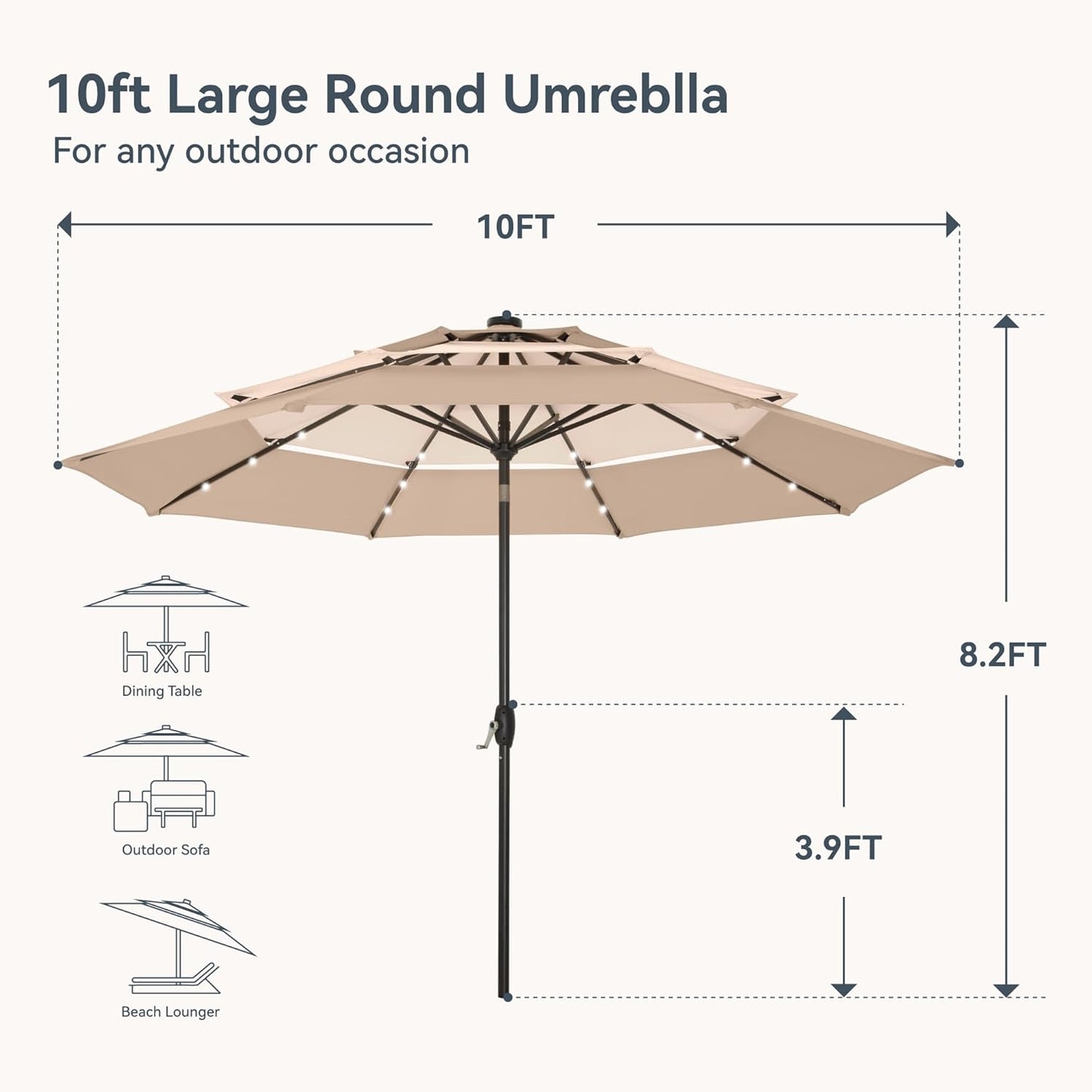 PHI VILLA 10ft Patio Umbrella with Solar Lights, Outdoor 3 Tier Vented Large Market Table Umbrella with 8 Sturdy Ribs and 1.5" Umbrellla Pole for Lawn Poolside Garden Terrace, Beige & Tan