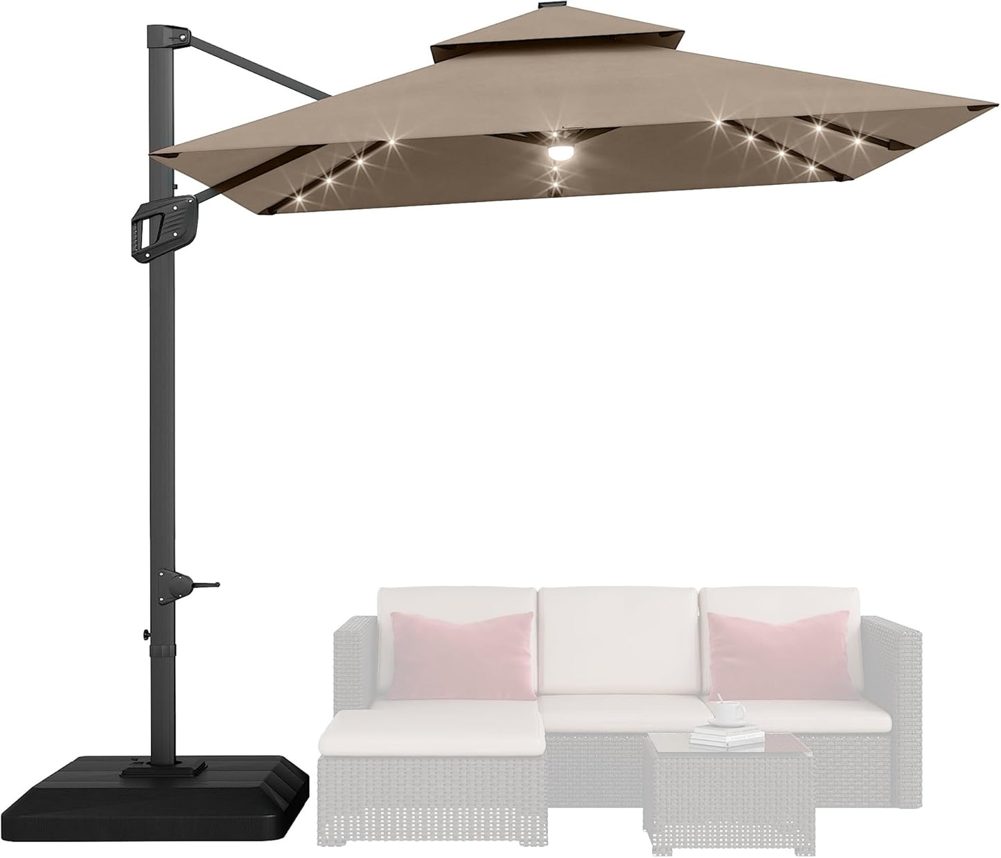 10' x 10' Heavy Duty Cantilever Patio Umbrella with Solar LED Lights & Weighted Base, 2-Tier Square Aluminum Offset Outdoor Umbrella with 360-Degree Rotation for Backyard, Deck, Pool, Tan