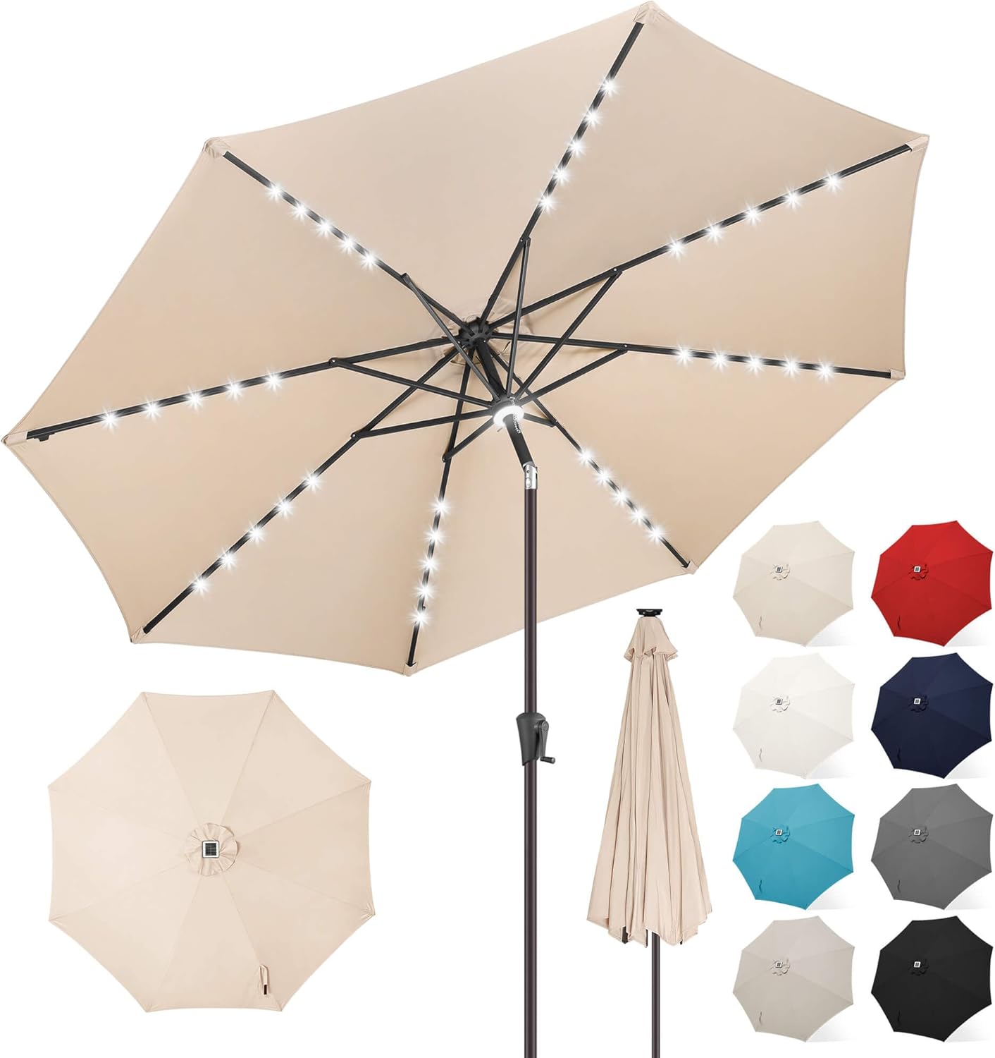 FLAME&SHADE 9 ft Patio Umbrella with Solar Lights, 40 LED Lighted Table Outdoor Umbrella for Deck, Pool, Porch, Backyard, Market, Garden, 8 Sturdy Ribs, UV Protection, Taupe