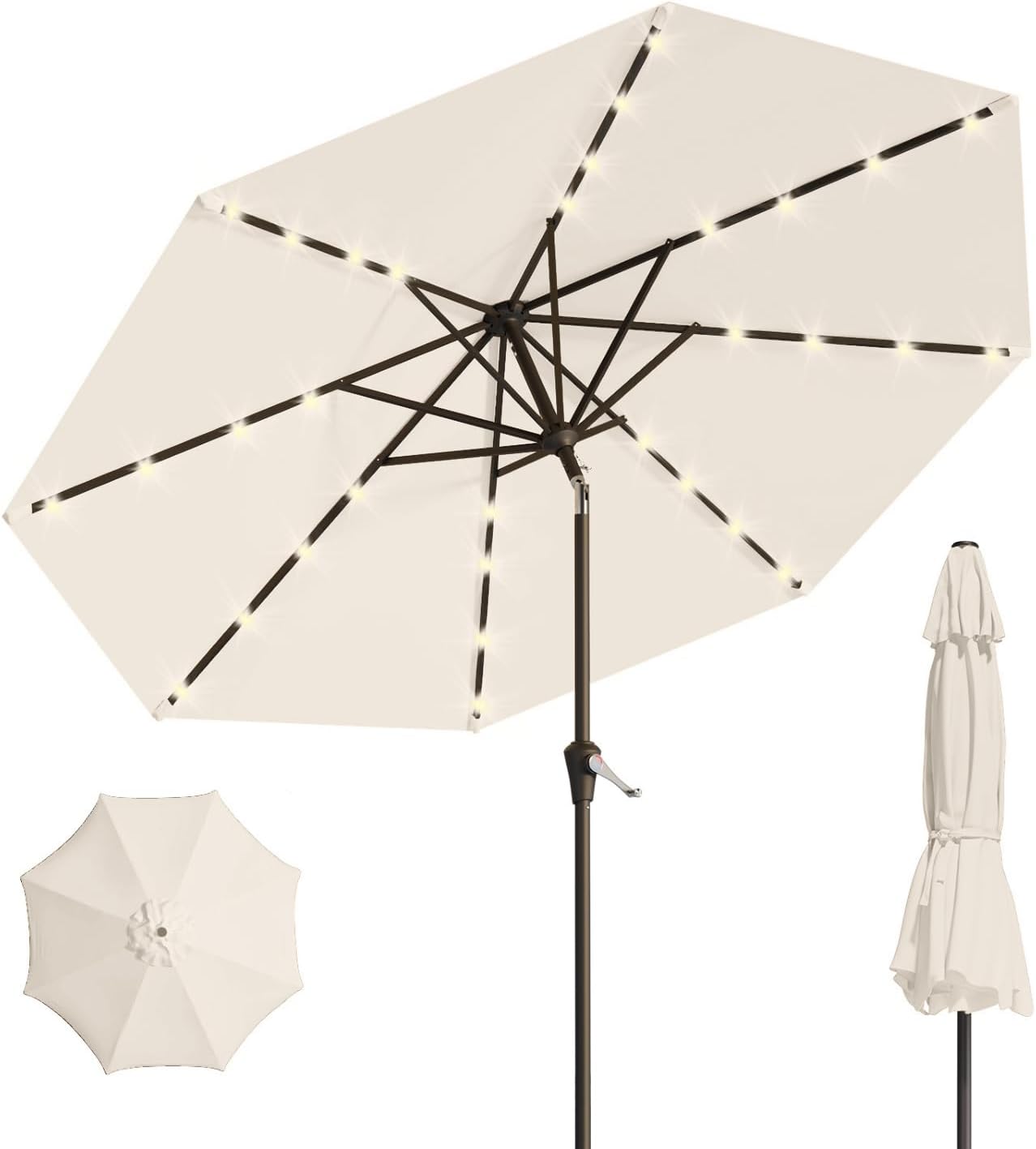 10FT Solar Umbrella 32 LED Lighted Patio Umbrella Table Market Umbrella w/Tilt and Crank, UV-Resistant Outdoor Umbrella for Pool, Garden, Deck, Beige