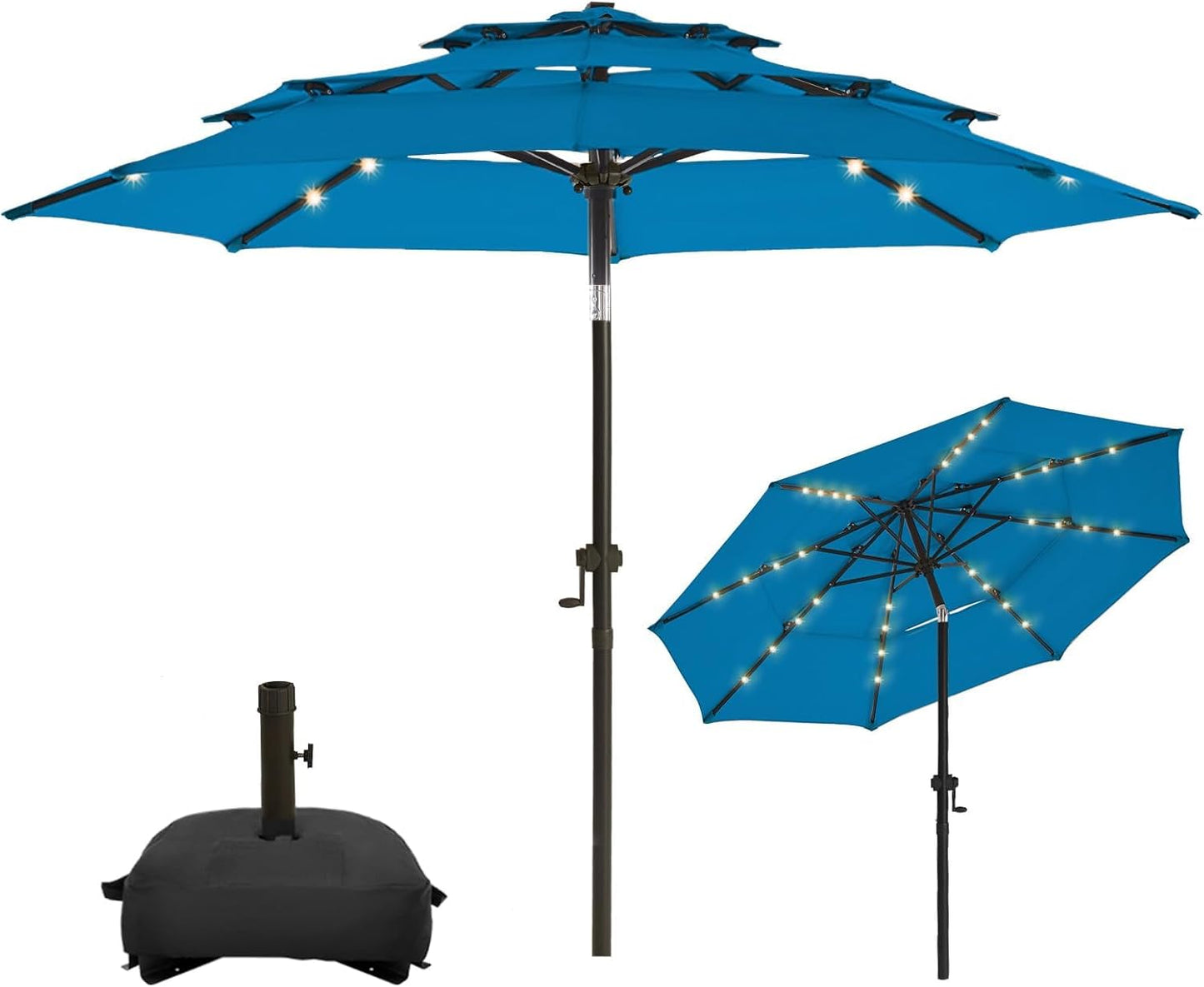 wikiwiki 10FT 3Tiers Solar LED Patio Umbrella with Base, Sturdy Outdoor Market Umbrella with Tilt, Crank and 32 LEDs for Terraces, Pool and Garden, Beige