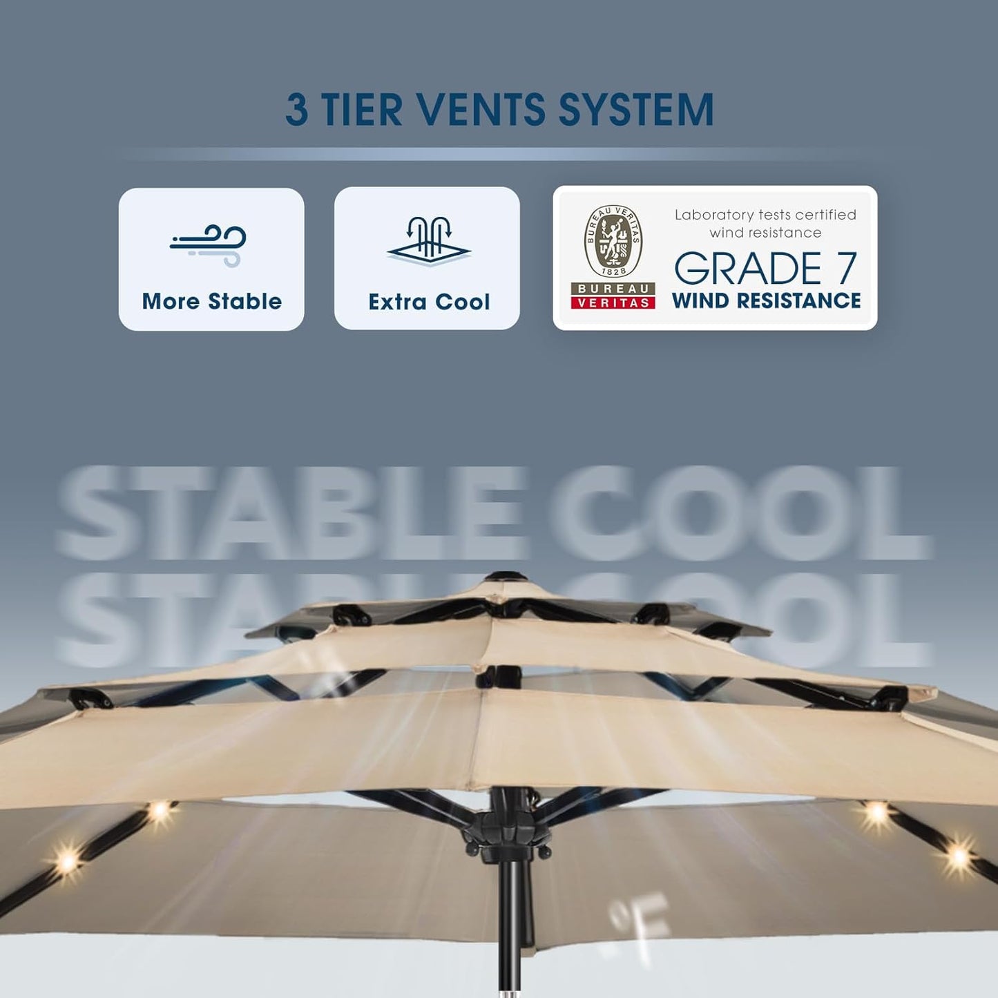 wikiwiki 9FT 3Tiers Solar Led Patio Umbrella, Sturdy Outdoor Market Umbrella for Deck, Pool, Garden w/Tilt, Crank, 32 LED Lights, Beige