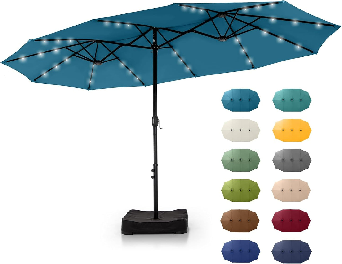 GREEN PARTY 15 ft Rectangle Patio Umbrella with Solar Lights and Base Included, Double-Sided Market Table Umbrella with Crank, Large Outdoor Umbrellas for Patio Poolside Garden Backyard, Navy Blue