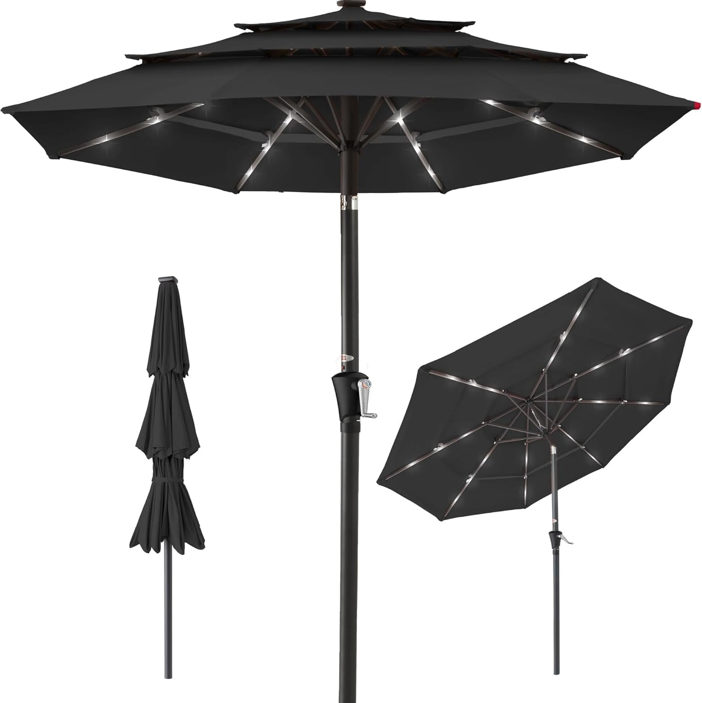 Best Choice Products 10ft 3-Tier Solar Patio Umbrella, Outdoor Market Sun Shade for Backyard, Deck, Poolside w/ 24 LED Lights, Tilt Adjustment, Easy Crank, 8 Ribs - Gray