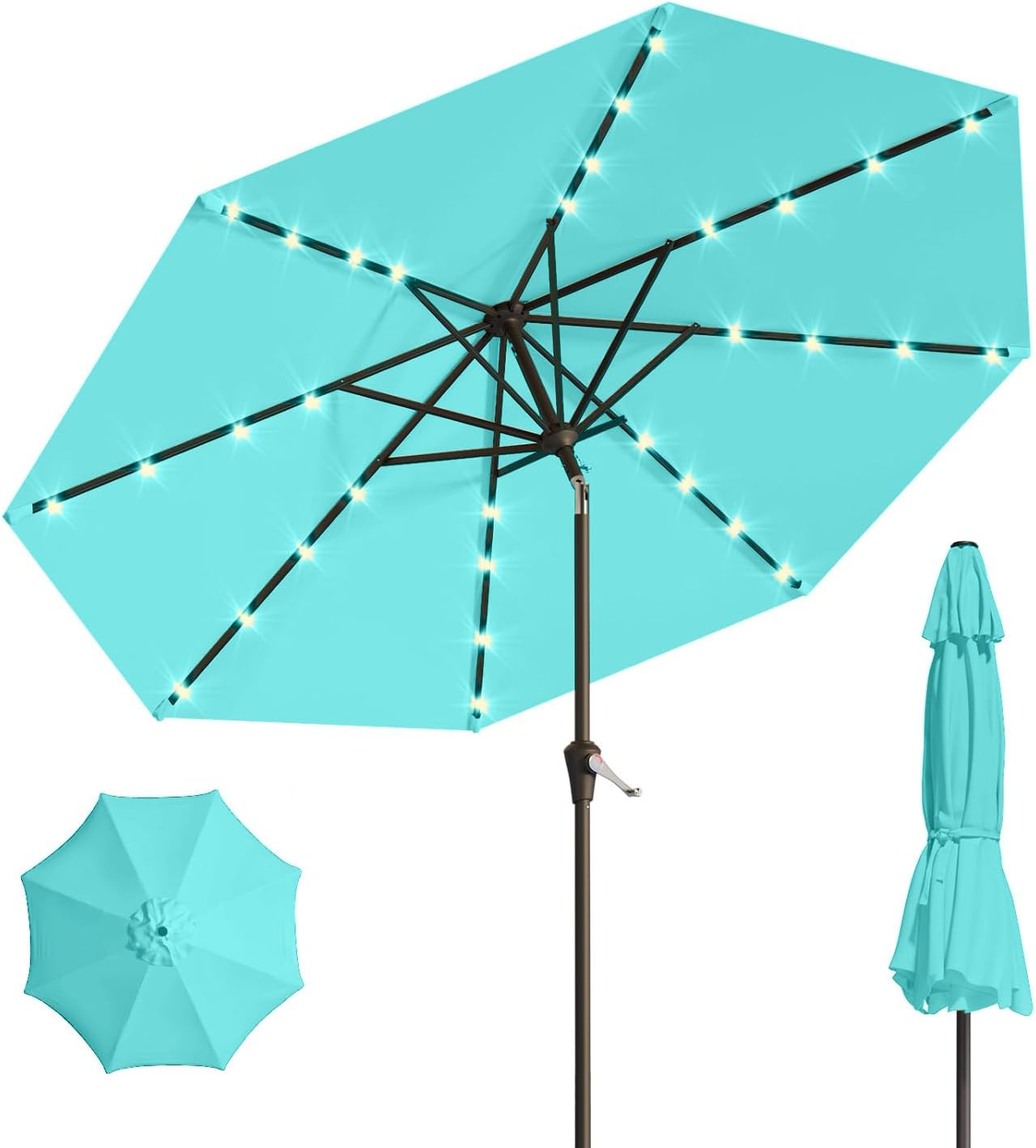 10FT Solar Umbrella 32 LED Lighted Patio Umbrella Table Market Umbrella w/Tilt and Crank, UV-Resistant Outdoor Umbrella for Pool, Garden, Deck, Beige