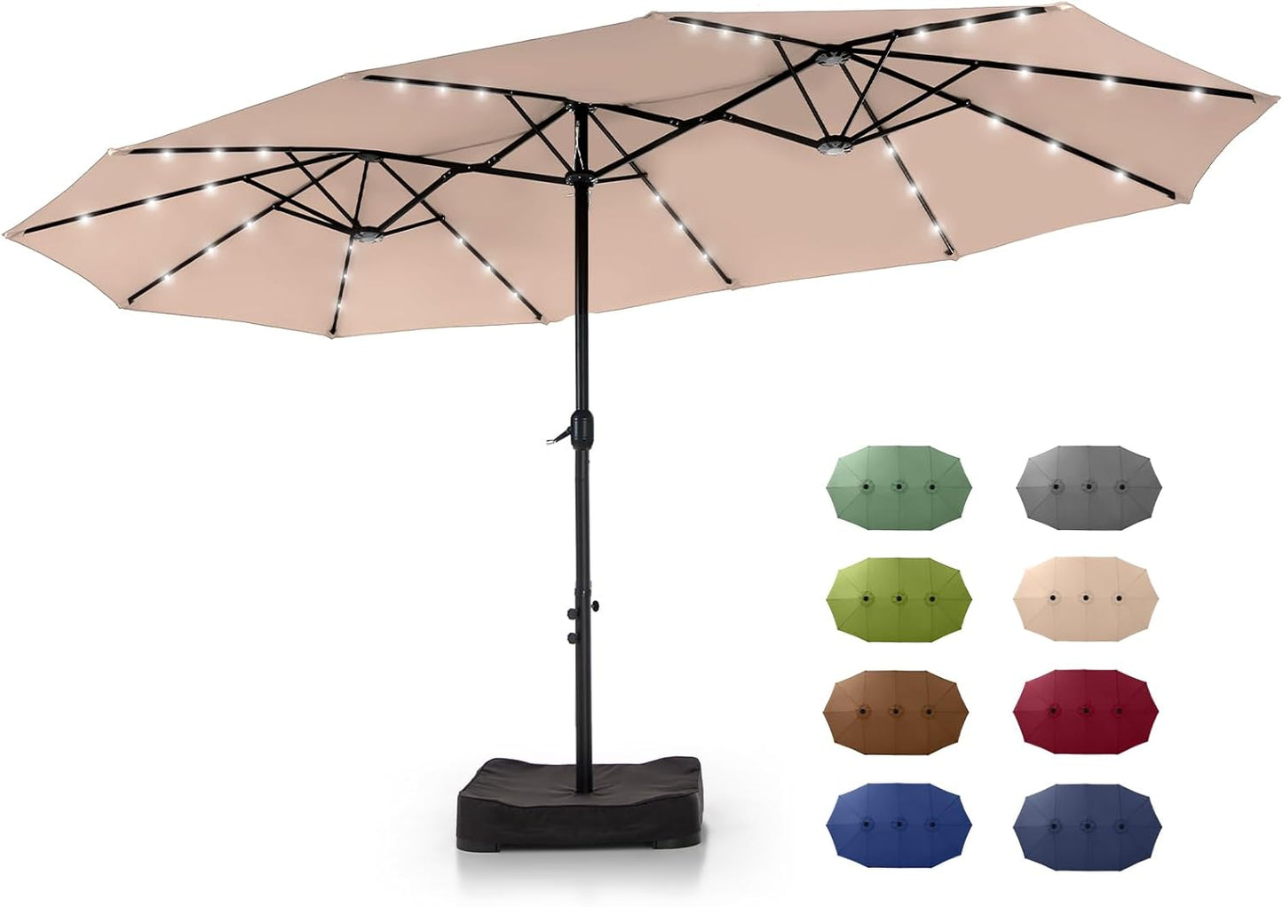 GREEN PARTY 15 ft Rectangle Patio Umbrella with Solar Lights and Base Included, Double-Sided Market Table Umbrella with Crank, Large Outdoor Umbrellas for Patio Poolside Garden Backyard, Navy Blue