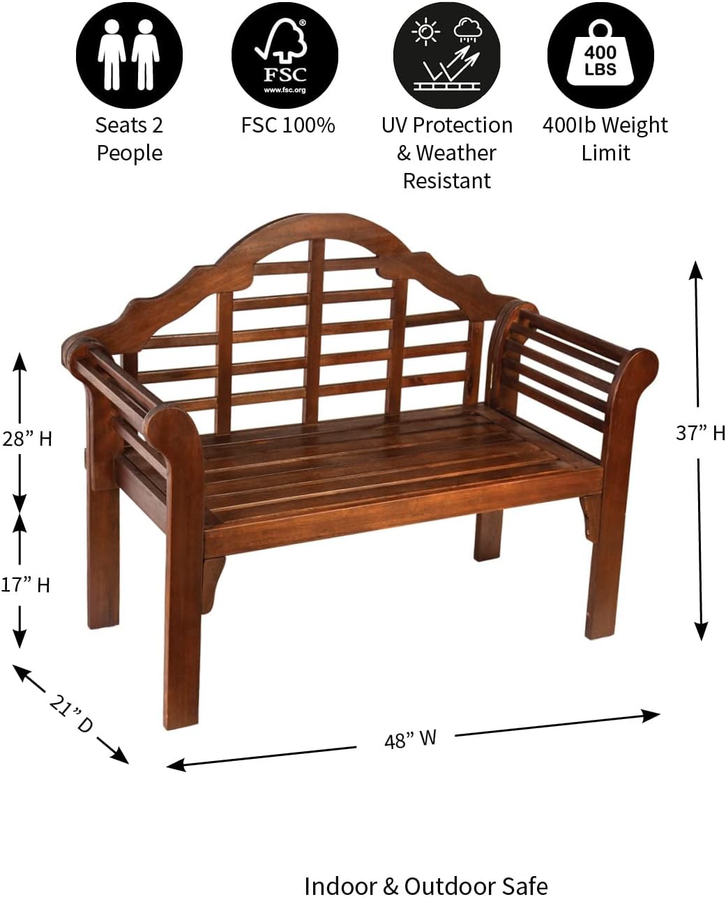 Plow & Hearth Weatherproof Lutyens Eucalyptus Wood Garden Bench | Foldable Patio Benches | Outdoor Furniture Seating for Porch Park Deck | Natural