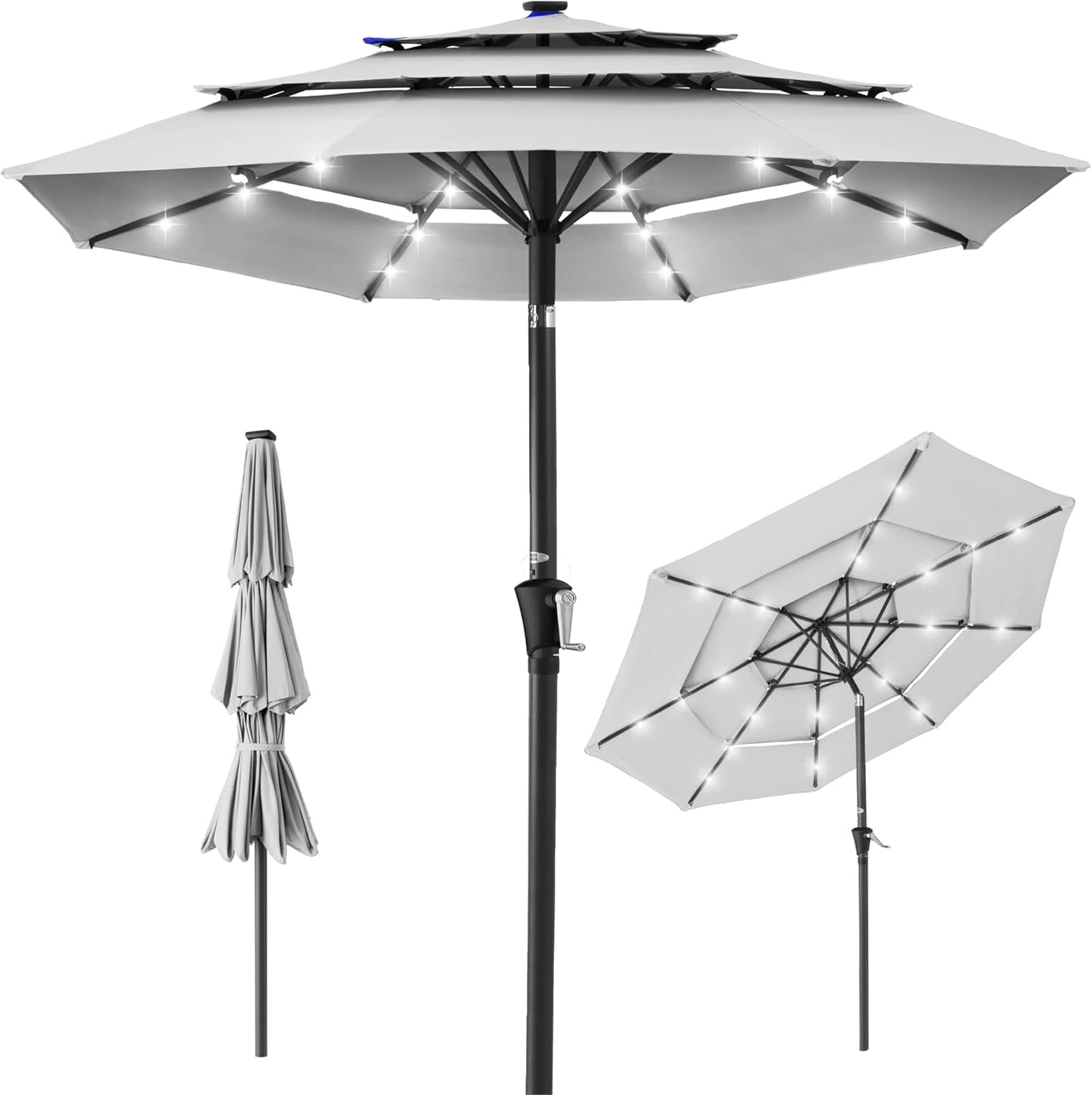 Best Choice Products 10ft 3-Tier Solar Patio Umbrella, Outdoor Market Sun Shade for Backyard, Deck, Poolside w/ 24 LED Lights, Tilt Adjustment, Easy Crank, 8 Ribs - Gray