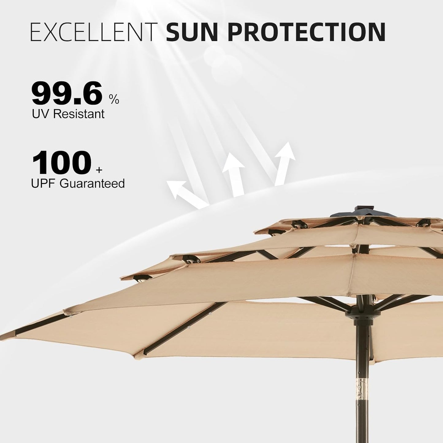 wikiwiki 10FT 3Tiers Solar LED Patio Umbrella with Base, Sturdy Outdoor Market Umbrella with Tilt, Crank and 32 LEDs for Terraces, Pool and Garden, Beige