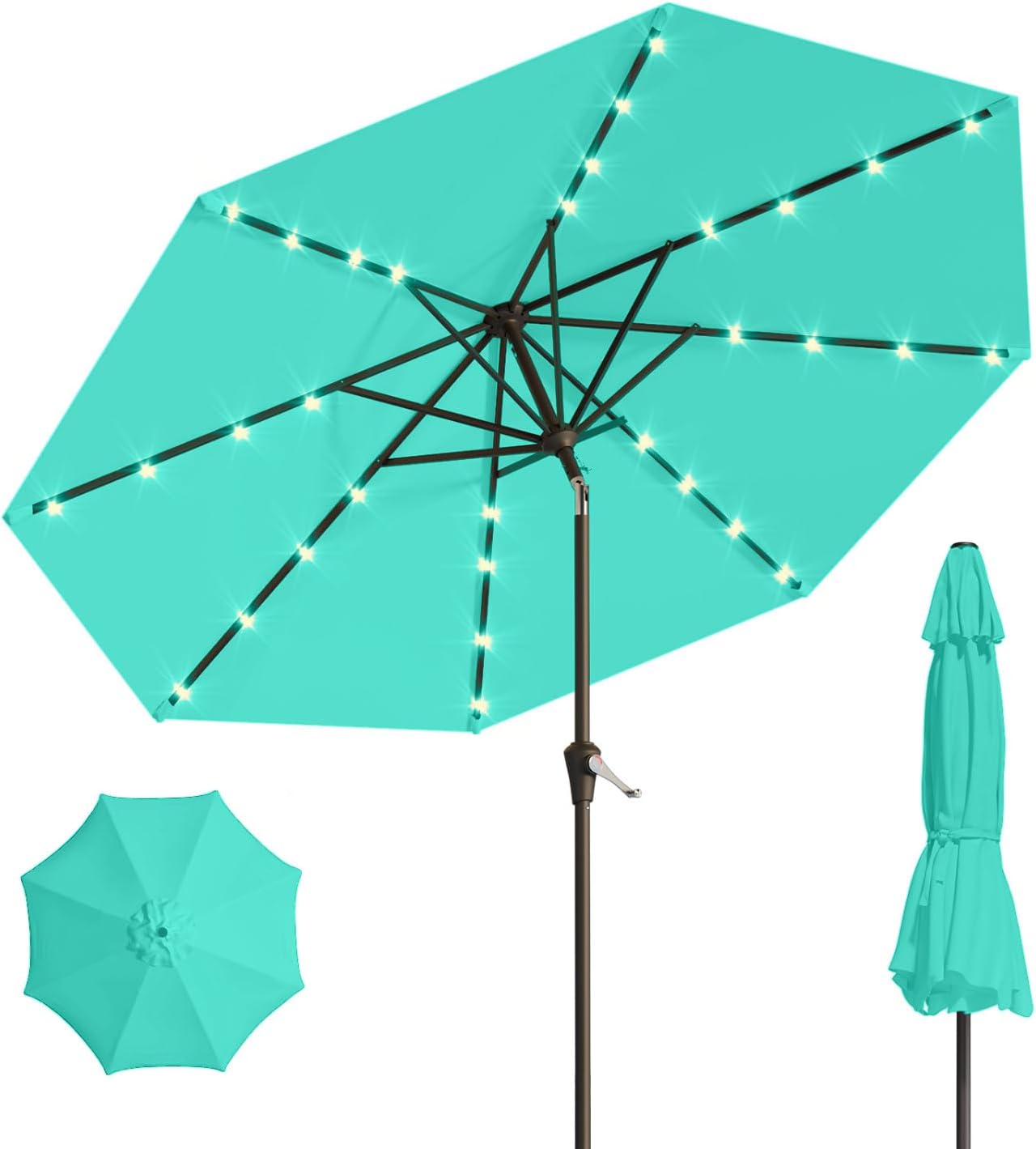 10FT Solar Umbrella 32 LED Lighted Patio Umbrella Table Market Umbrella w/Tilt and Crank, UV-Resistant Outdoor Umbrella for Pool, Garden, Deck, Beige