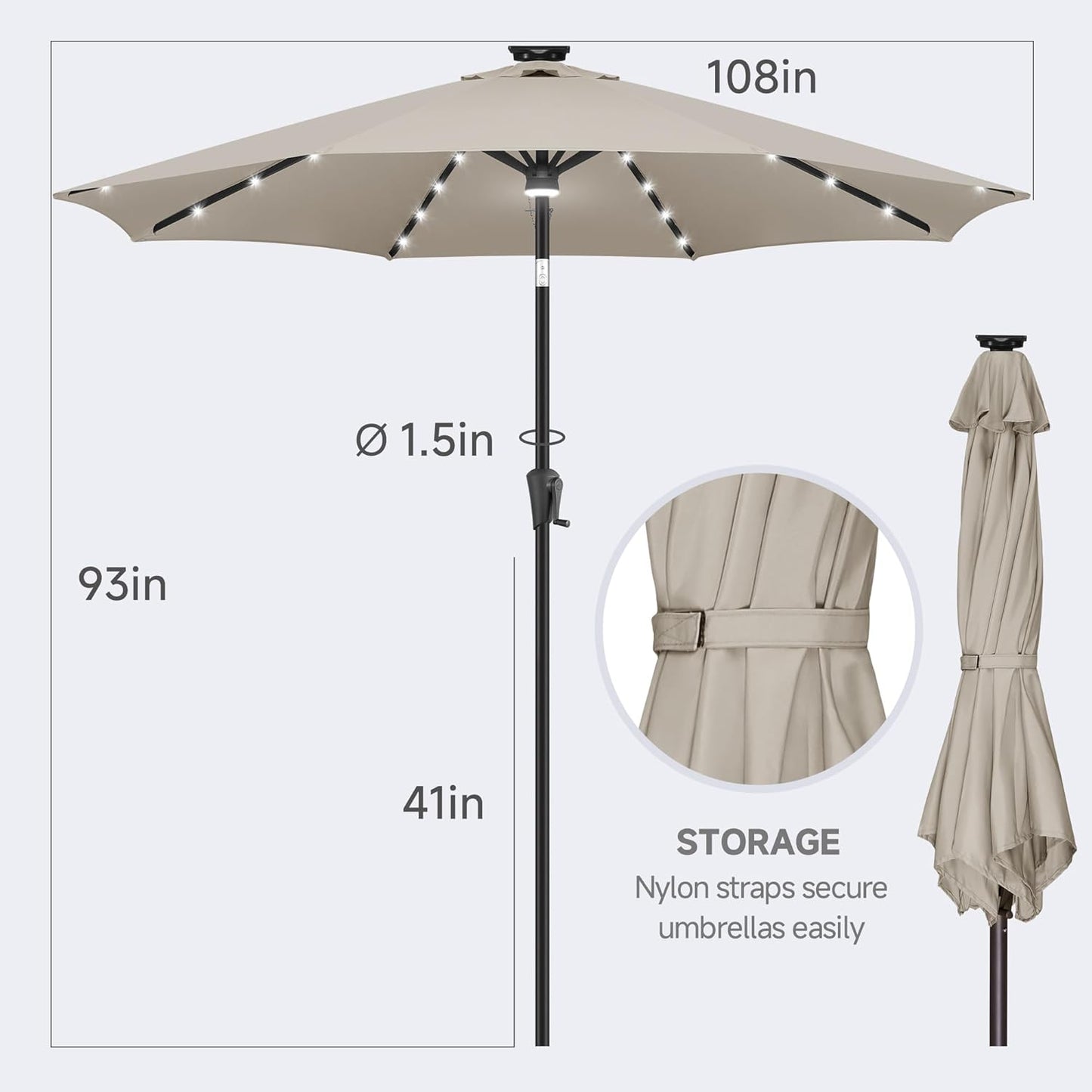 FLAME&SHADE 9 ft Patio Umbrella with Solar Lights, 40 LED Lighted Table Outdoor Umbrella for Deck, Pool, Porch, Backyard, Market, Garden, 8 Sturdy Ribs, UV Protection, Taupe