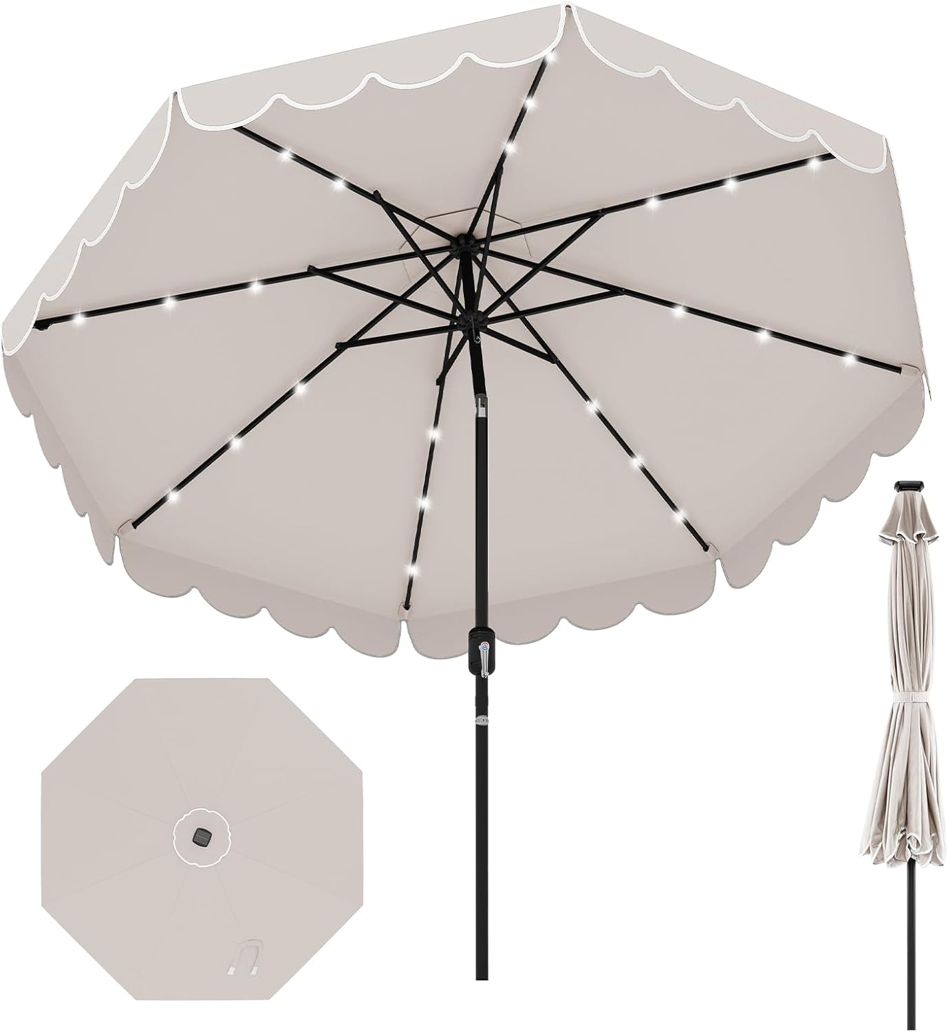 HAPPYGRILL 9 FT Patio Umbrella Outdoor Market Sunshade w/Solar LED Lights, Ruffles, Vented Top, Tilt Adjustment & Built-in Crank, Parasol Canopy for Backyard Poolside Deck Beach Lawn