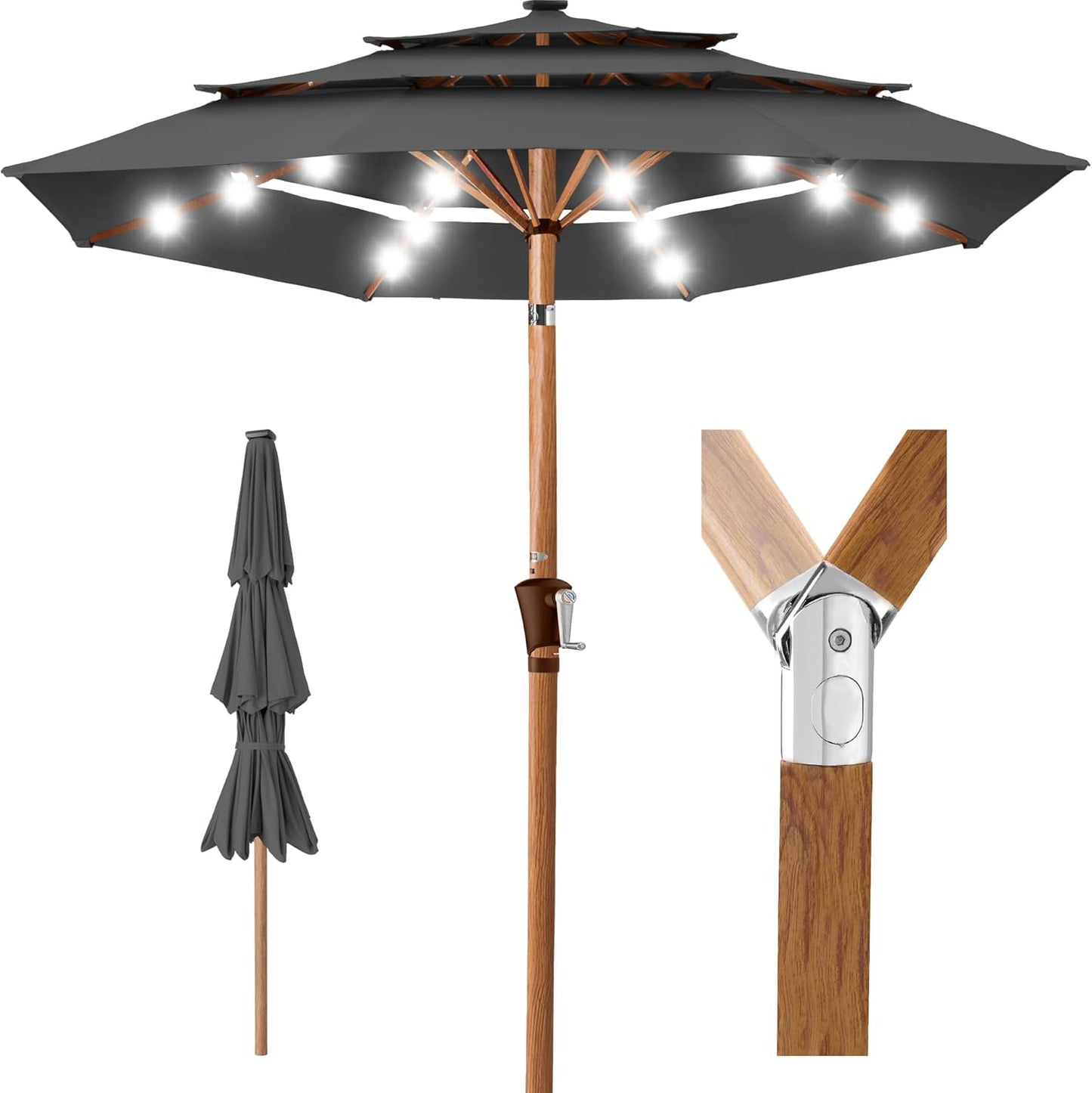 Best Choice Products 10ft 3-Tier Solar Patio Umbrella, Outdoor Market Sun Shade for Backyard, Deck, Poolside w/ 24 LED Lights, Tilt Adjustment, Easy Crank, 8 Ribs - Gray
