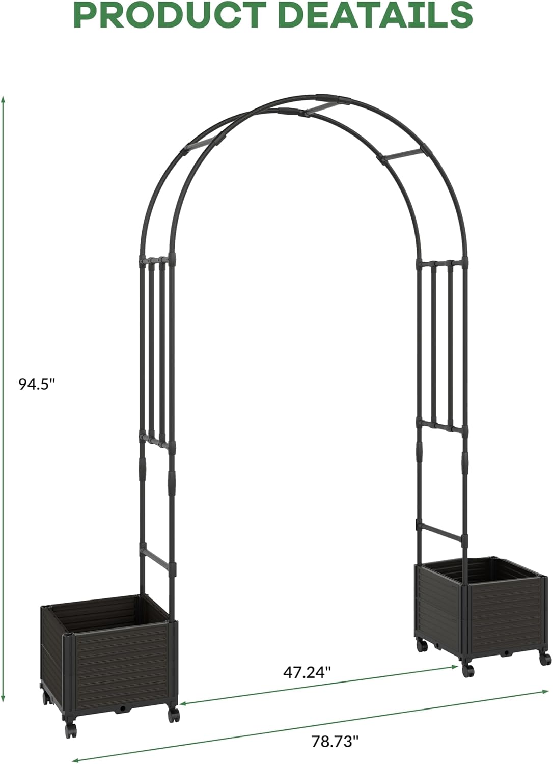 Garden Arch Trellis with Planter Box-Iron Garden Arch for Climbing Plants with Detachable Side Planters, Metal Walkway Arbor Trellis for Outdoor Roses,Yard and Patio Wedding,94.5" h x 47.2" w