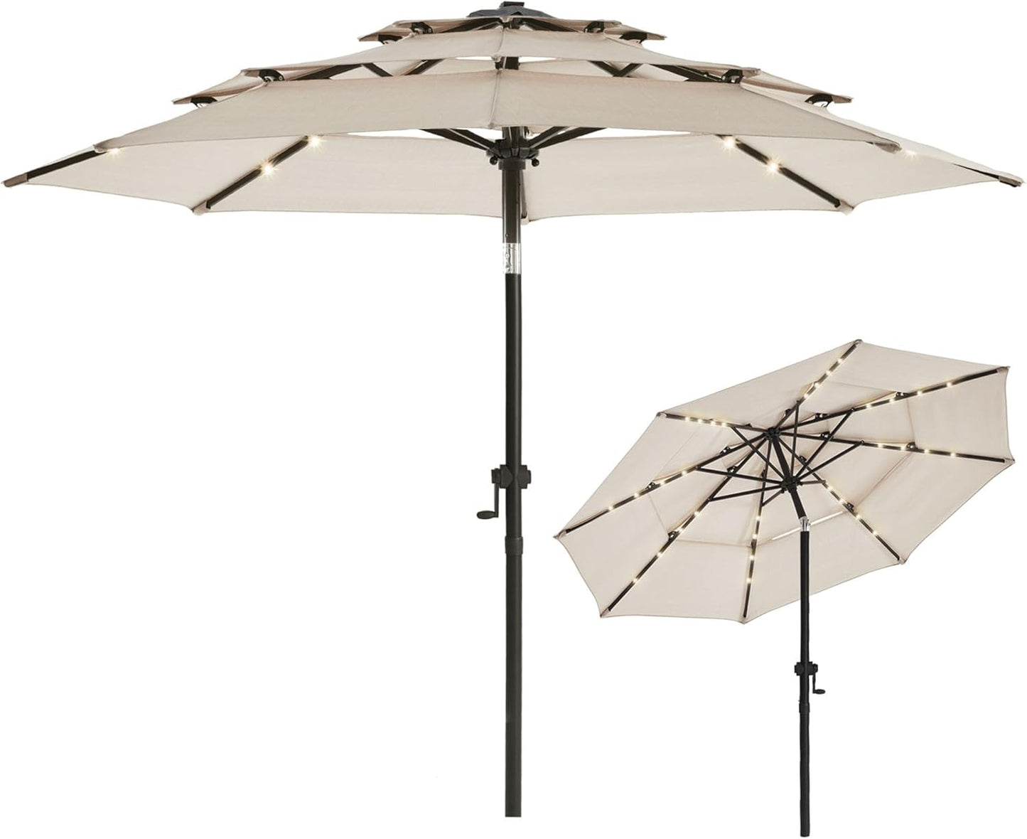 wikiwiki 9FT 3Tiers Solar Led Patio Umbrella, Sturdy Outdoor Market Umbrella for Deck, Pool, Garden w/Tilt, Crank, 32 LED Lights, Beige