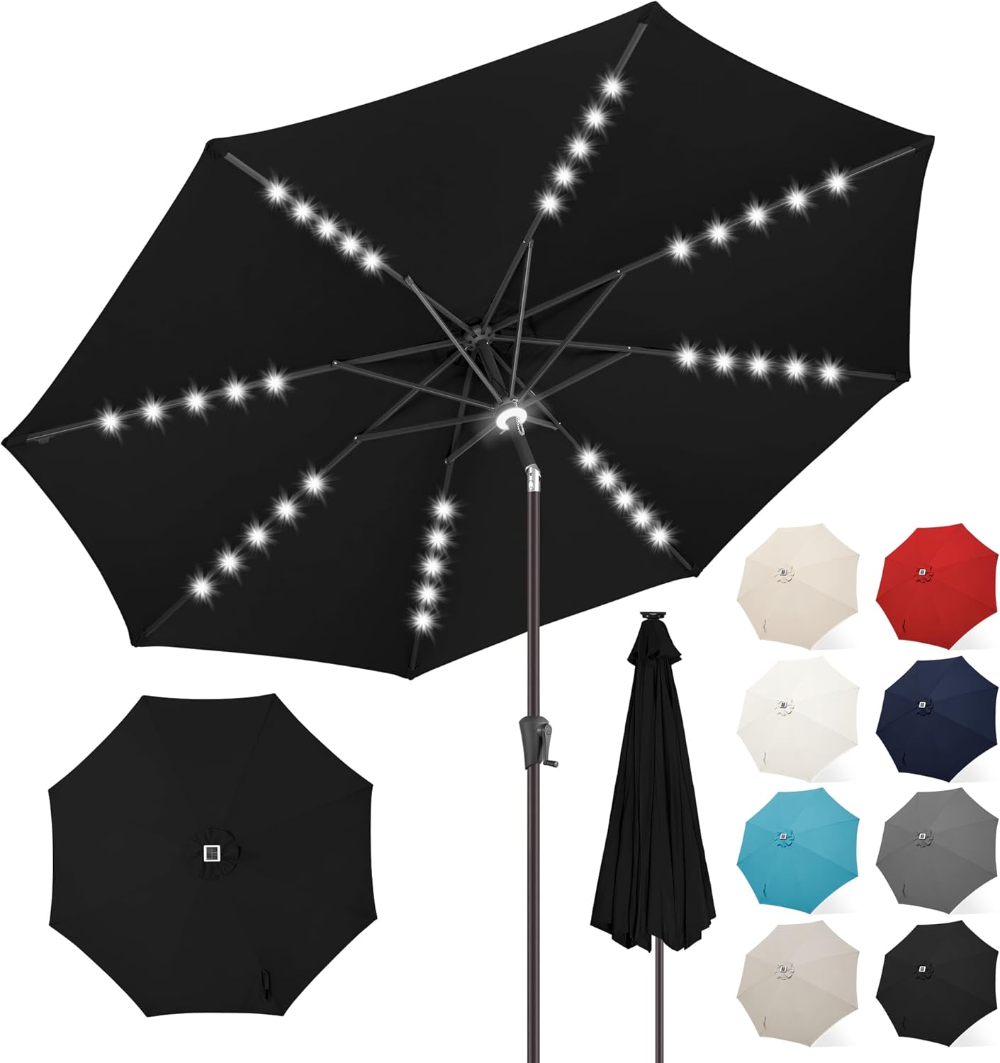 FLAME&SHADE 9 ft Patio Umbrella with Solar Lights, 40 LED Lighted Table Outdoor Umbrella for Deck, Pool, Porch, Backyard, Market, Garden, 8 Sturdy Ribs, UV Protection, Taupe