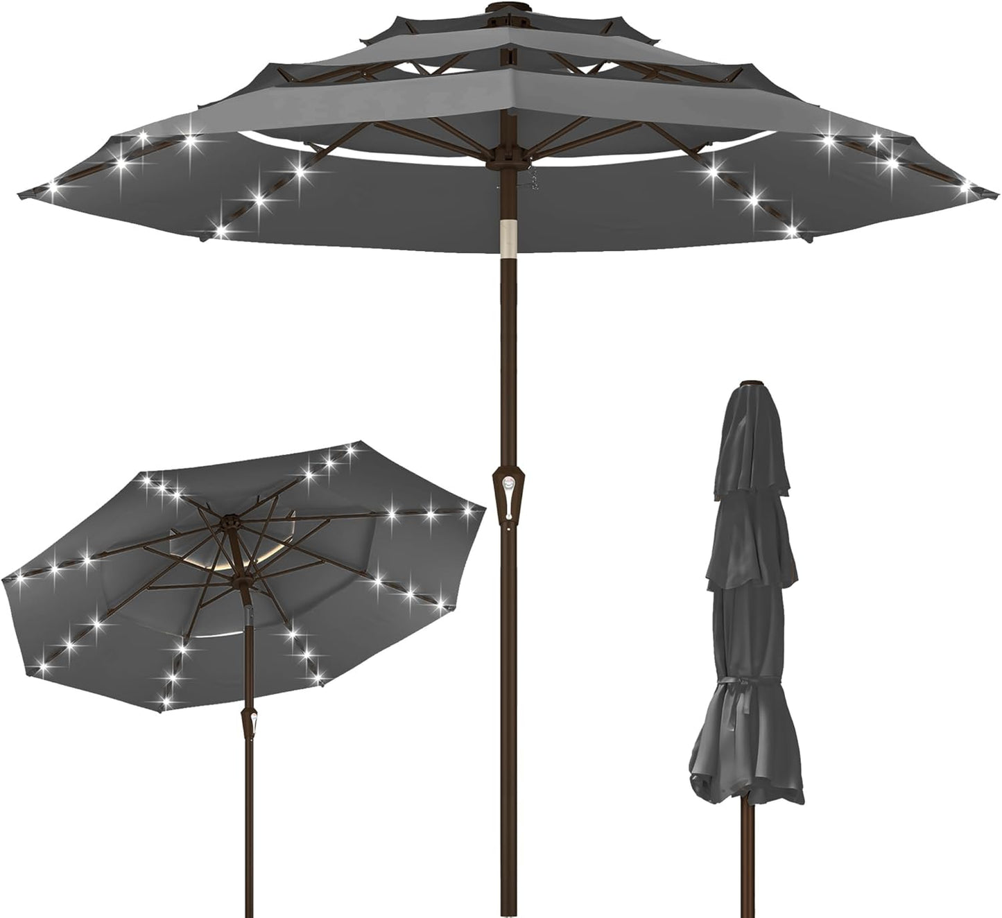 Kingdura 10ft 3-Tier Patio Umbrella with Solar Lights, Table Umbrella Outdoor Patio with Easy Crank & Tilt, 8 Sturdy Ribs, UV Protection, 32 LED Lights for Deck, Poolside, Market (Beige)