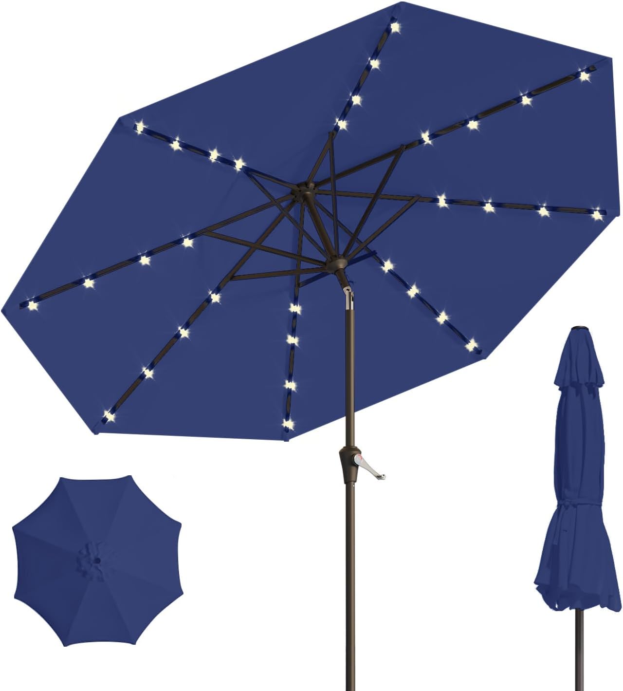 10FT Solar Umbrella 32 LED Lighted Patio Umbrella Table Market Umbrella w/Tilt and Crank, UV-Resistant Outdoor Umbrella for Pool, Garden, Deck, Beige