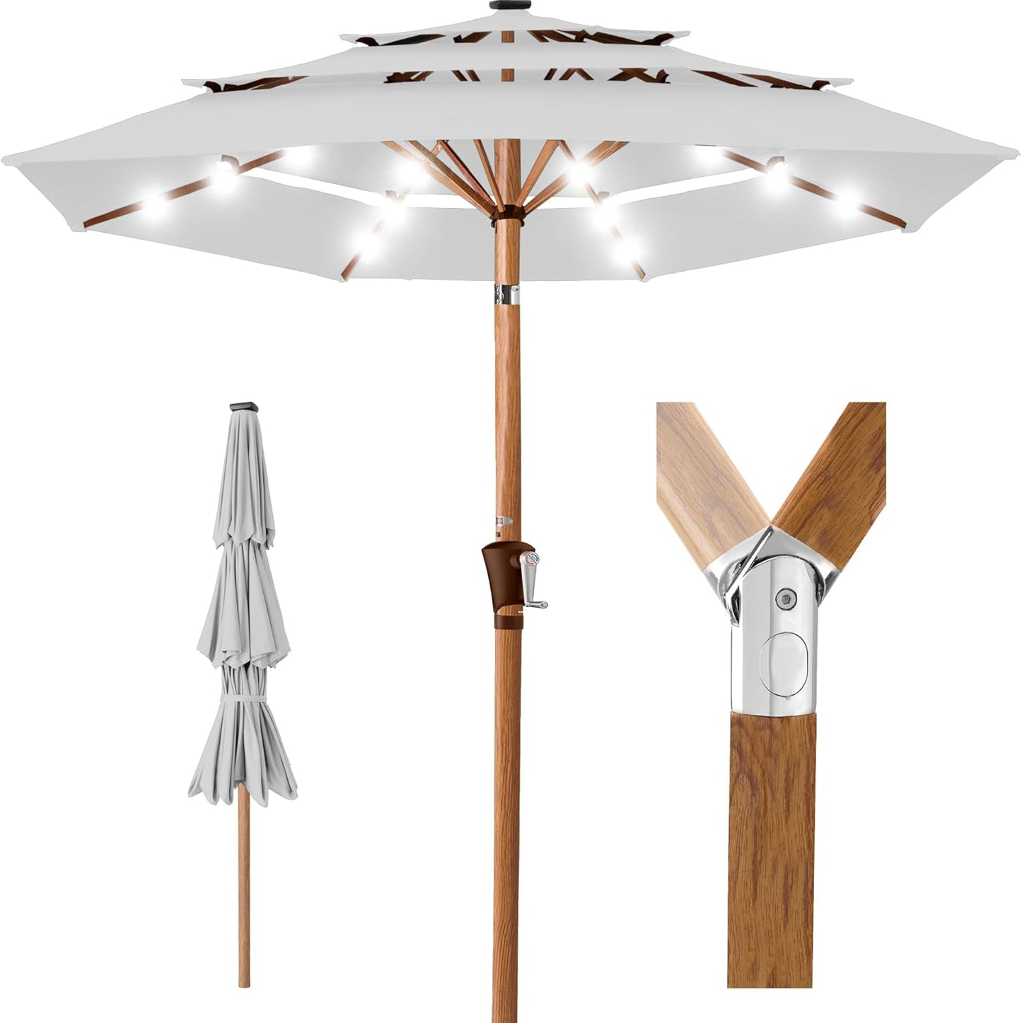 Best Choice Products 10ft 3-Tier Solar Patio Umbrella, Outdoor Market Sun Shade for Backyard, Deck, Poolside w/ 24 LED Lights, Tilt Adjustment, Easy Crank, 8 Ribs - Gray