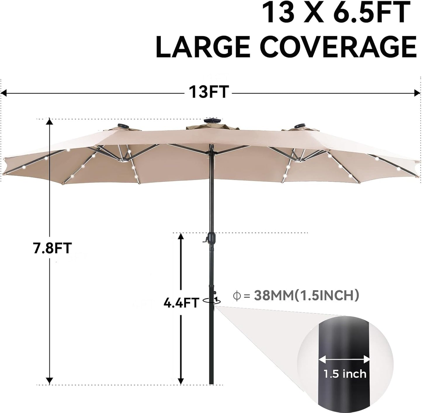 GREEN PARTY 13 ft Rectangle Patio Umbrella with Solar Lights, Double-Sided Market Table Umbrella with Crank, Large Outdoor Umbrellas for Patio Poolside Garden Backyard, Beige